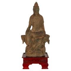 Antique Chinese 18th Century Qing Dynasty Gaunyin Bodhisattva Carved Wood Statue