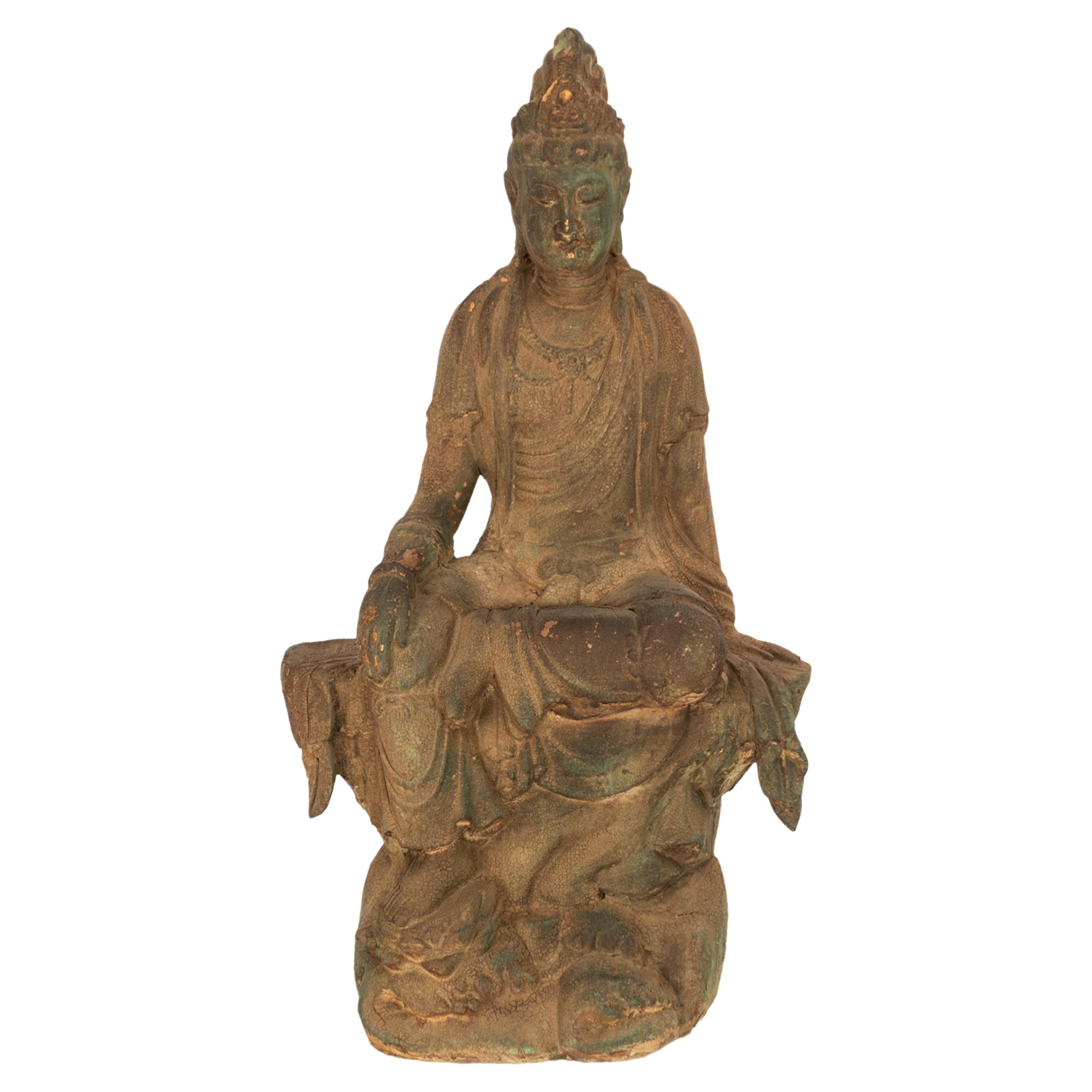Antigua Estatua China del Siglo XVIII de la Dinastía Qing Gaunyin Bodhisattva de Madera Tallada Chino en venta