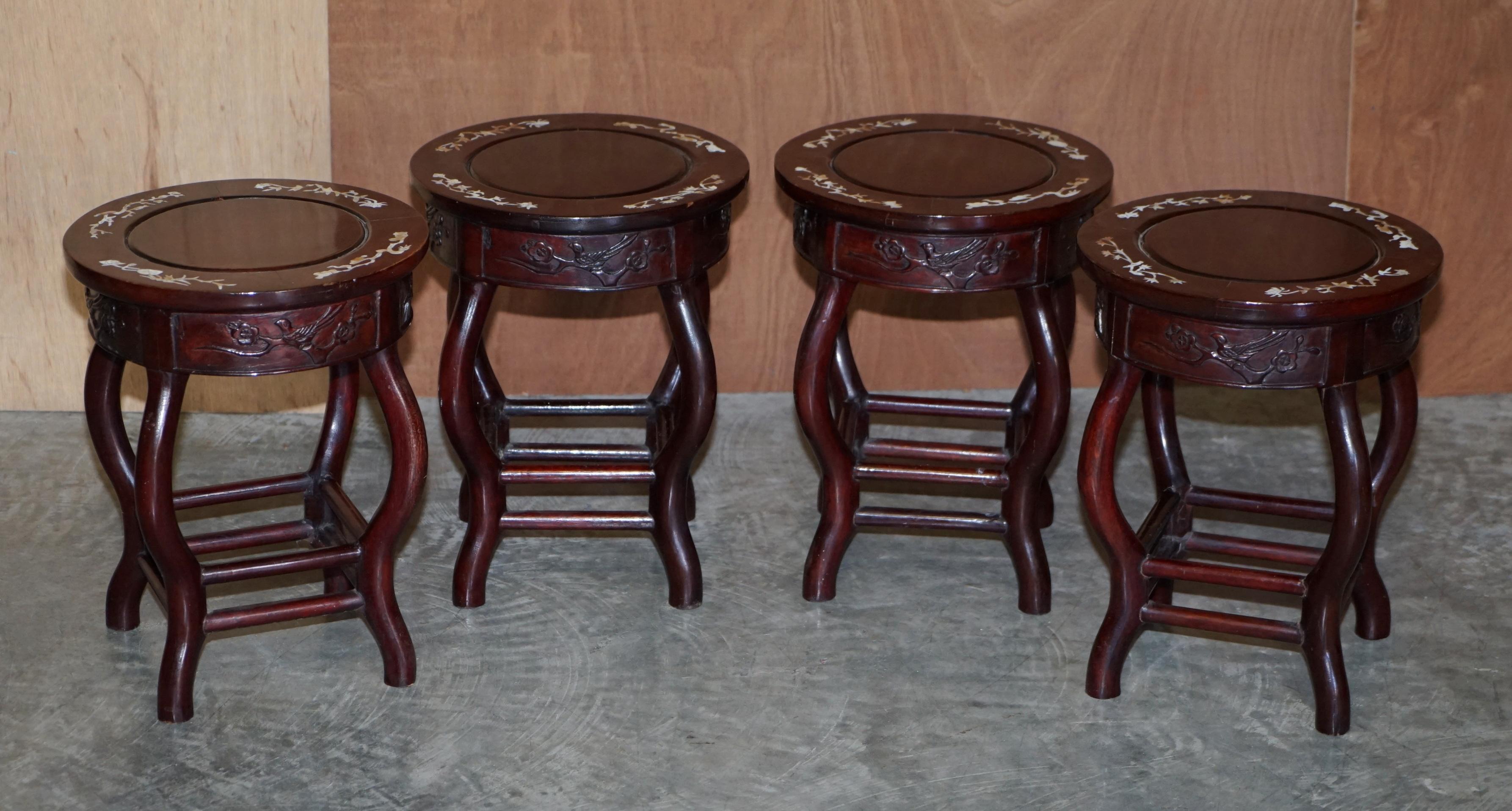 Chinese Republic Circa 1930's Hardwood Mother of Pearl Inlaid Table & Stools For Sale 6