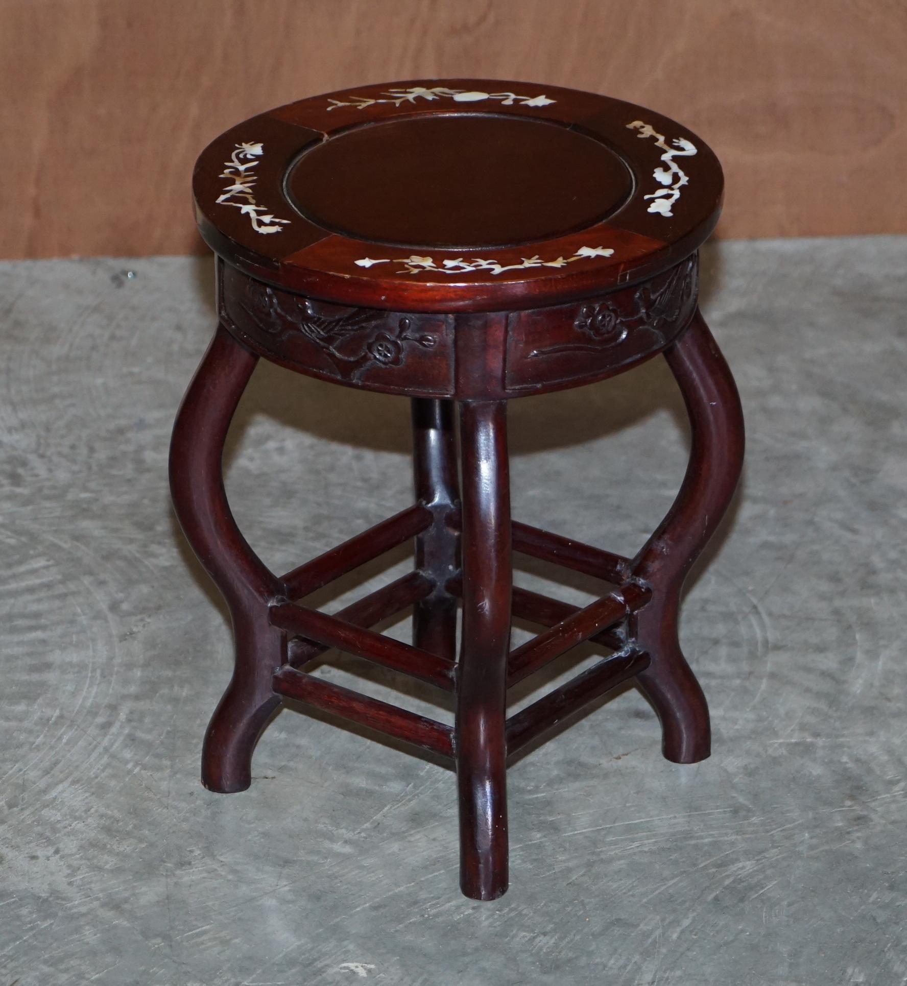 Chinese Republic Circa 1930's Hardwood Mother of Pearl Inlaid Table & Stools For Sale 7