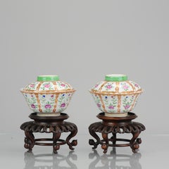 Antique Chinese Porcelain Lidded Bowls SE Asia Market Bencharong Thai Market