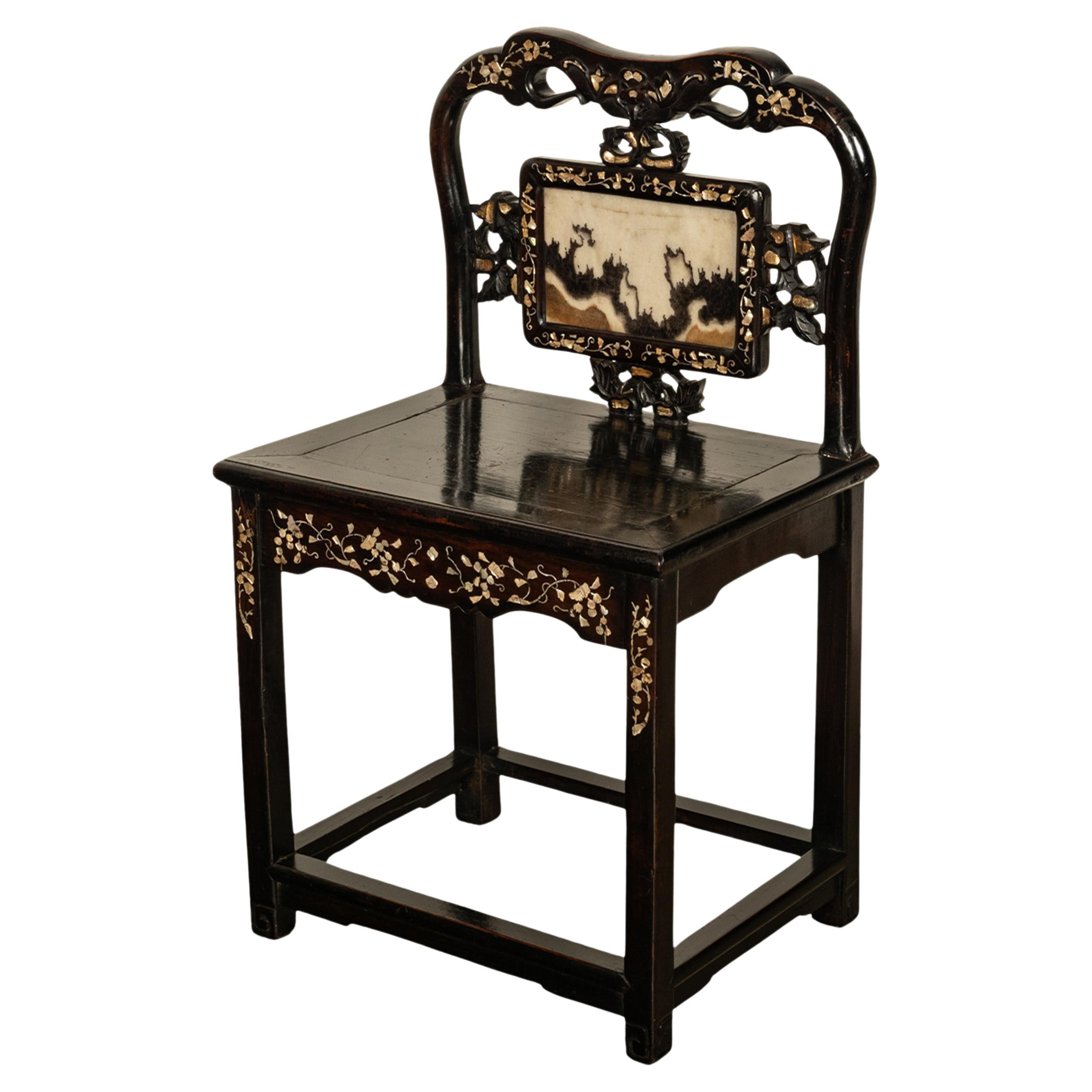 Antique Chinese 19th C Qing Dynasty Inlaid Dreamstone Mother of Pearl Chair 1850