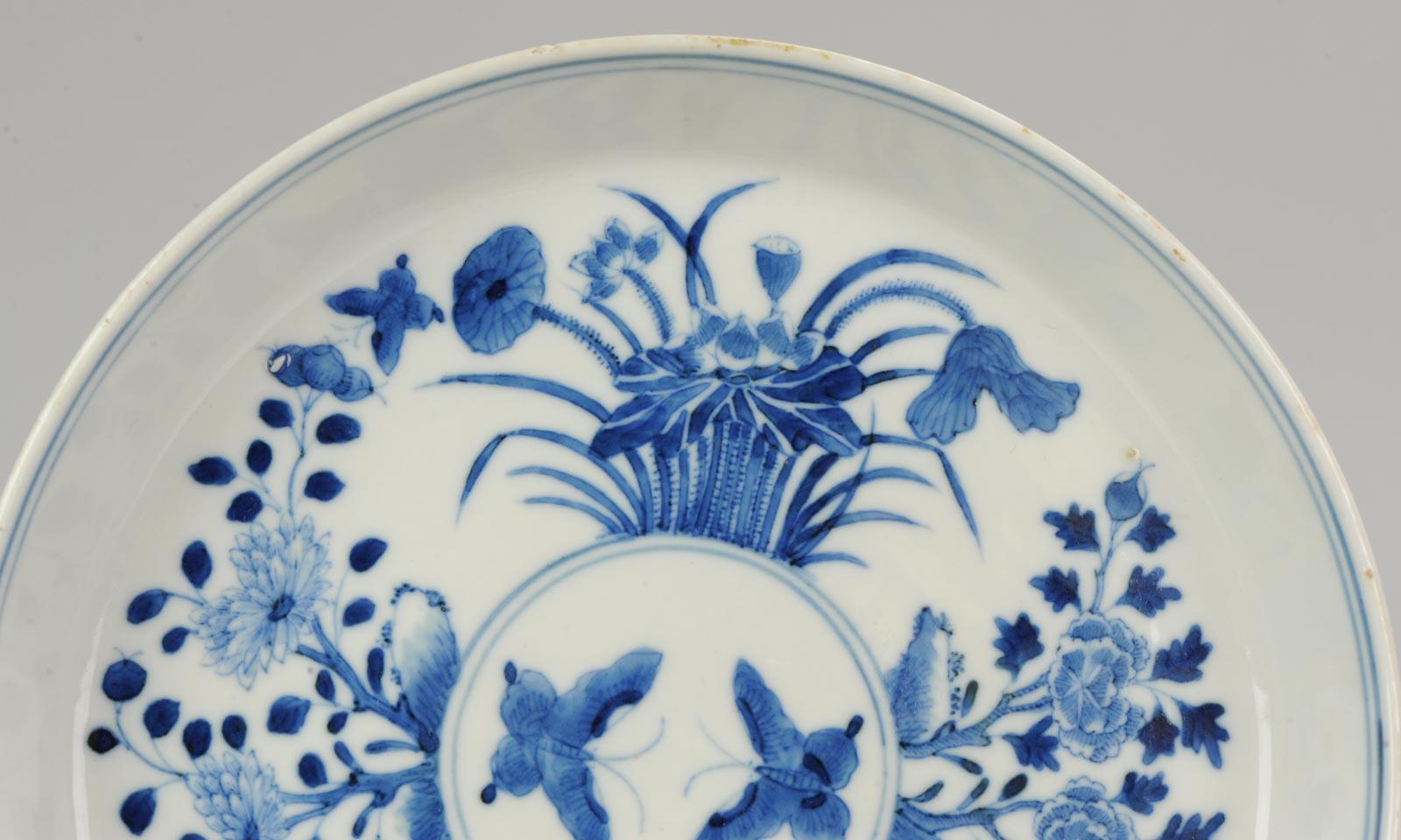 Qing Antique Chinese 19th Century Bleu de Hue Plate Vietnamese Market Butterflies