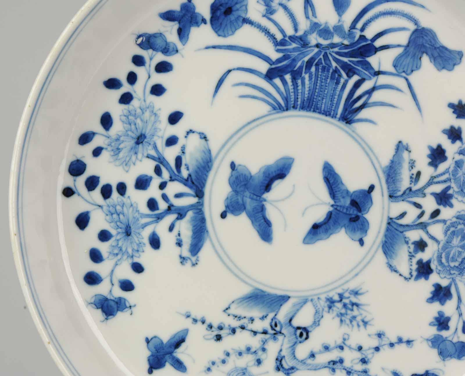 Antique Chinese 19th Century Bleu de Hue Plate Vietnamese Market Butterflies 1