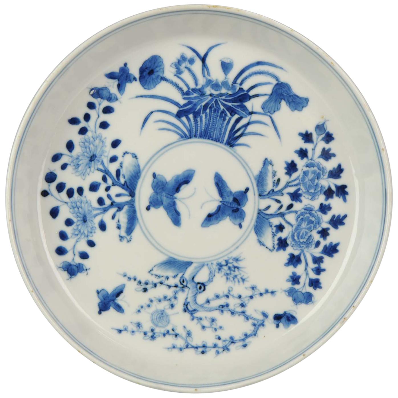 Antique Chinese 19th Century Bleu de Hue Plate Vietnamese Market Butterflies