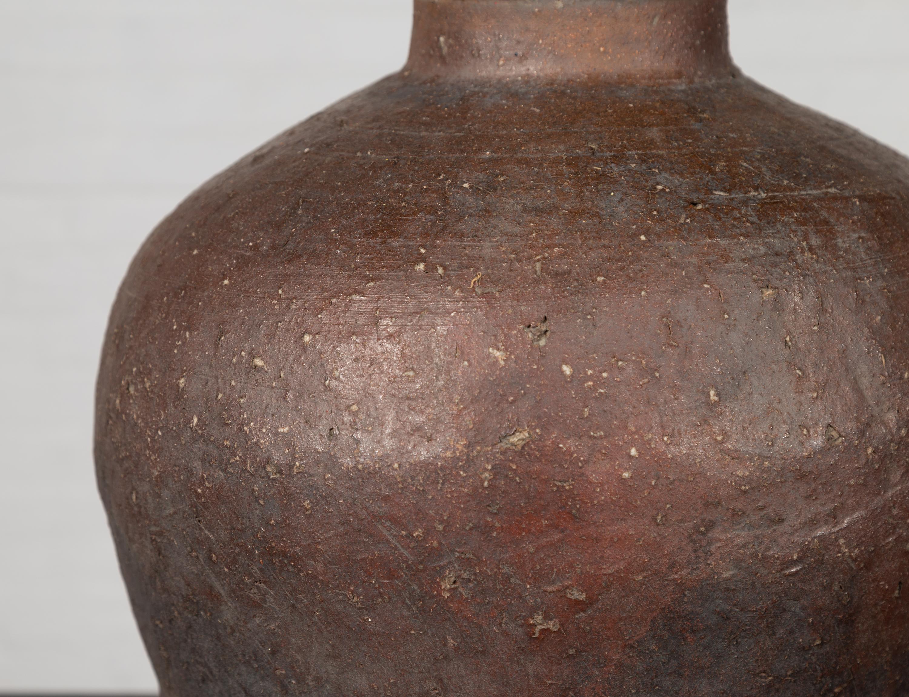 Pottery Antique Chinese 19th Century Grain Storage Brown Urn with Weathered Appearance For Sale