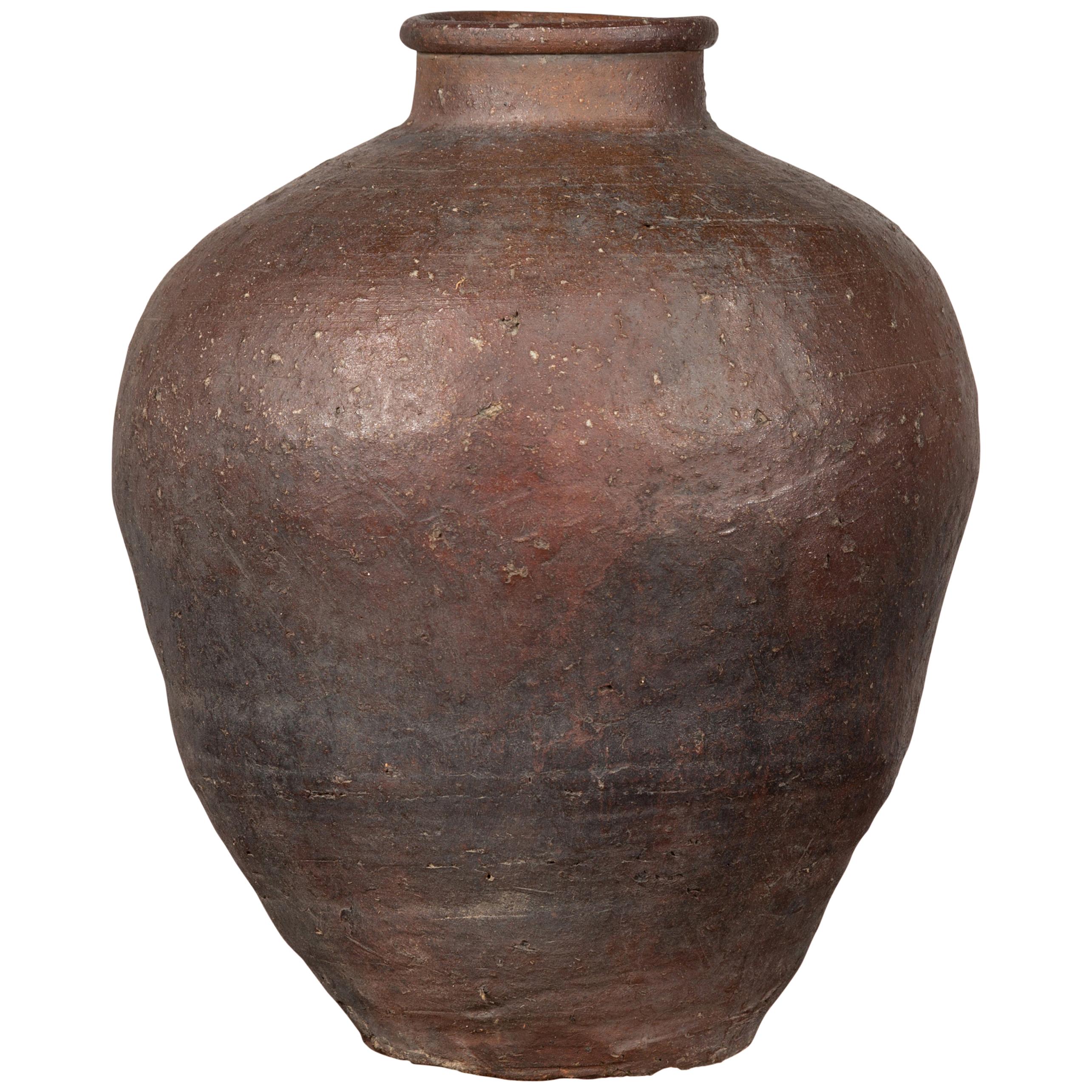 Antique Chinese 19th Century Grain Storage Brown Urn with Weathered Appearance