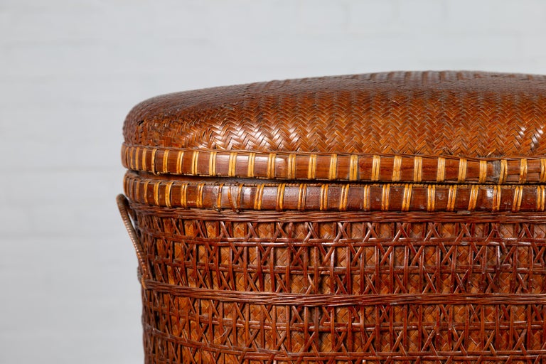 Antique Chinese 19th Century Qing Period Oval Rattan Basket with Lid