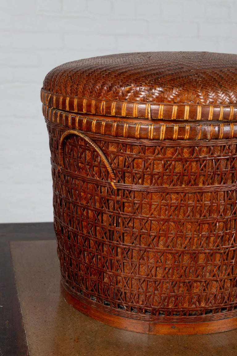Antique Chinese 19th Century Qing Period Oval Rattan Basket with Lid