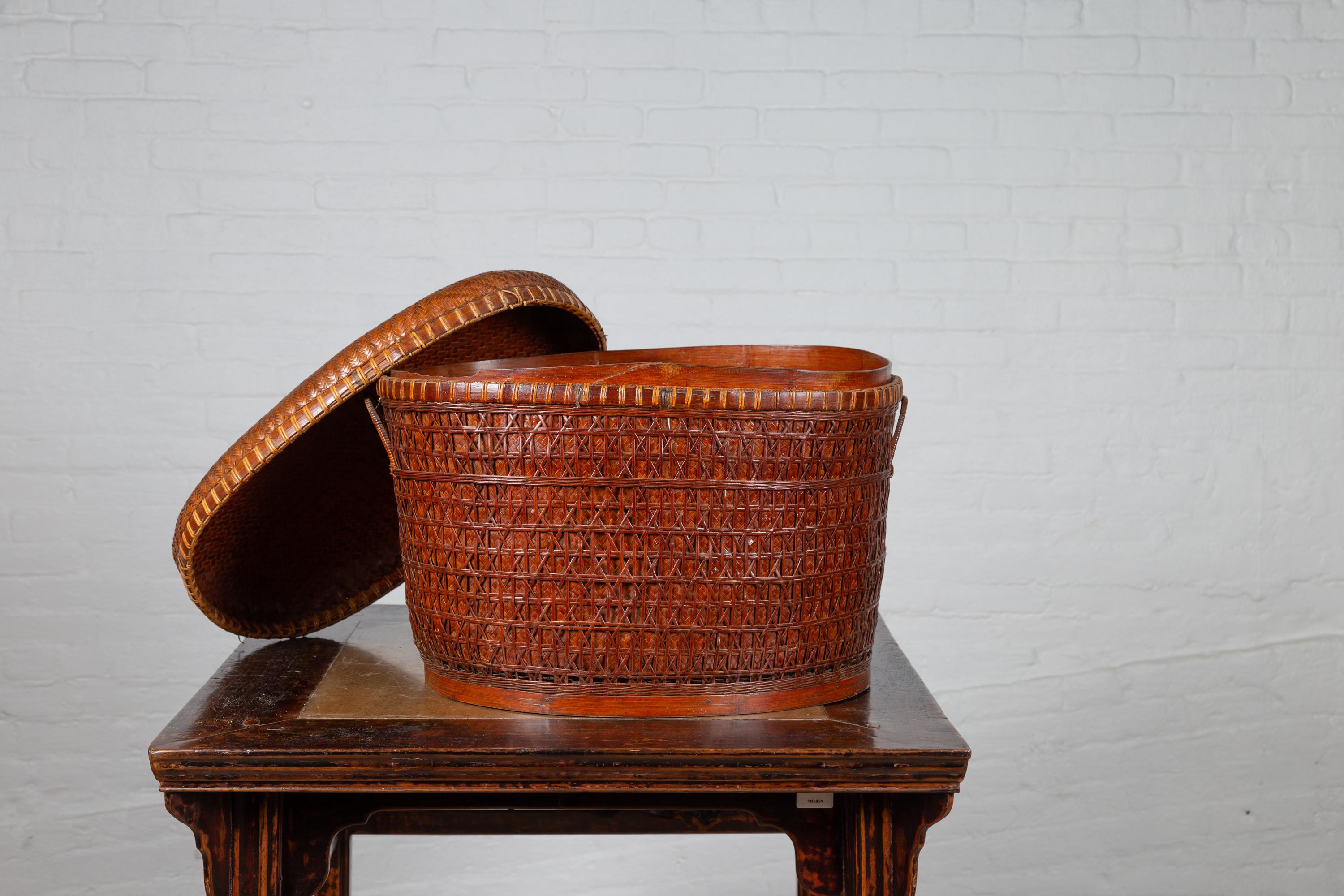 Antique Chinese 19th Century Qing Period Oval Rattan Basket with Lid and Handles 3