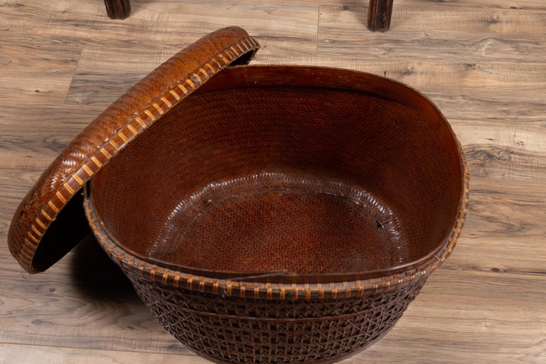 Antique Chinese 19th Century Qing Period Oval Rattan Basket with Lid