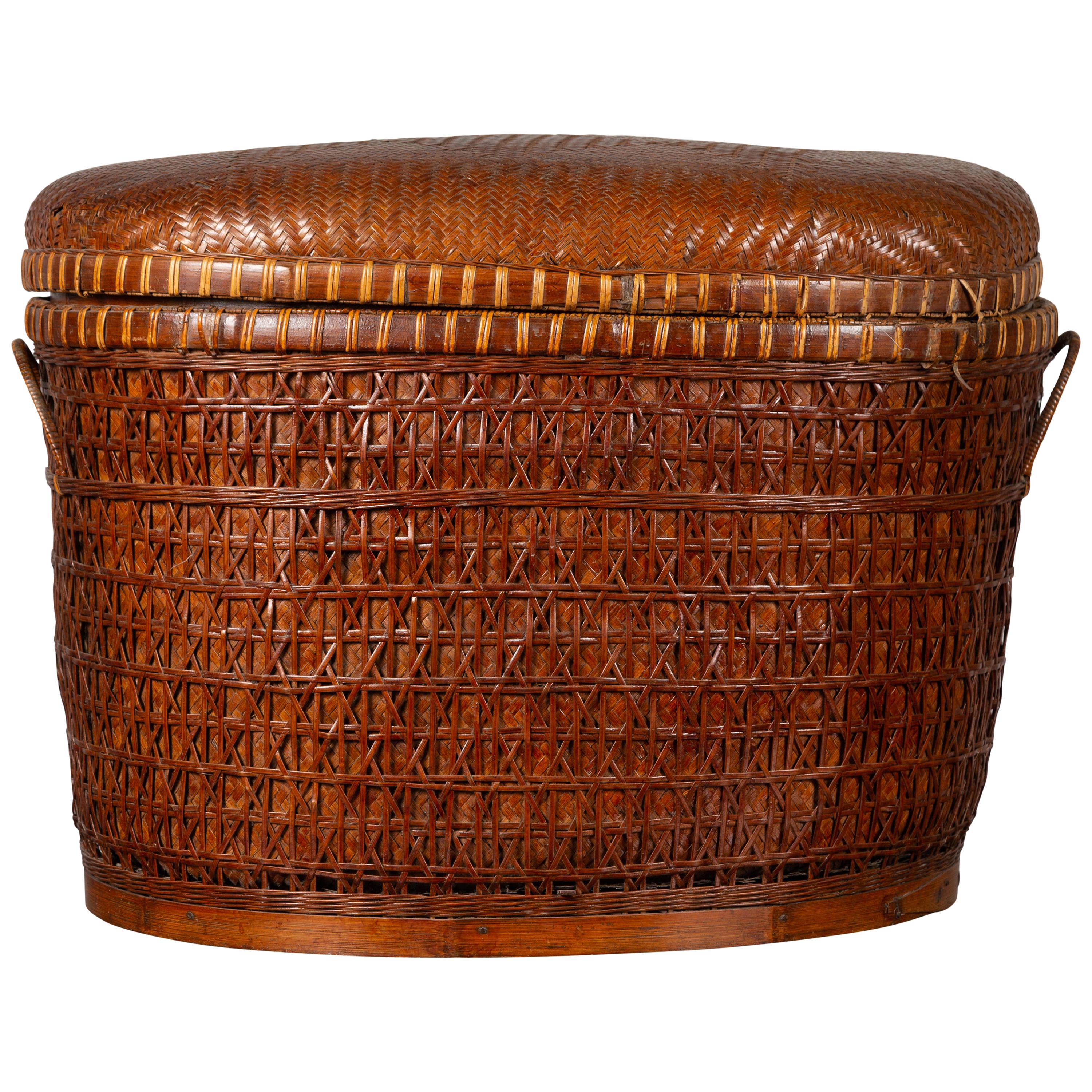 Antique Chinese 19th Century Qing Period Oval Rattan Basket with Lid and Handles