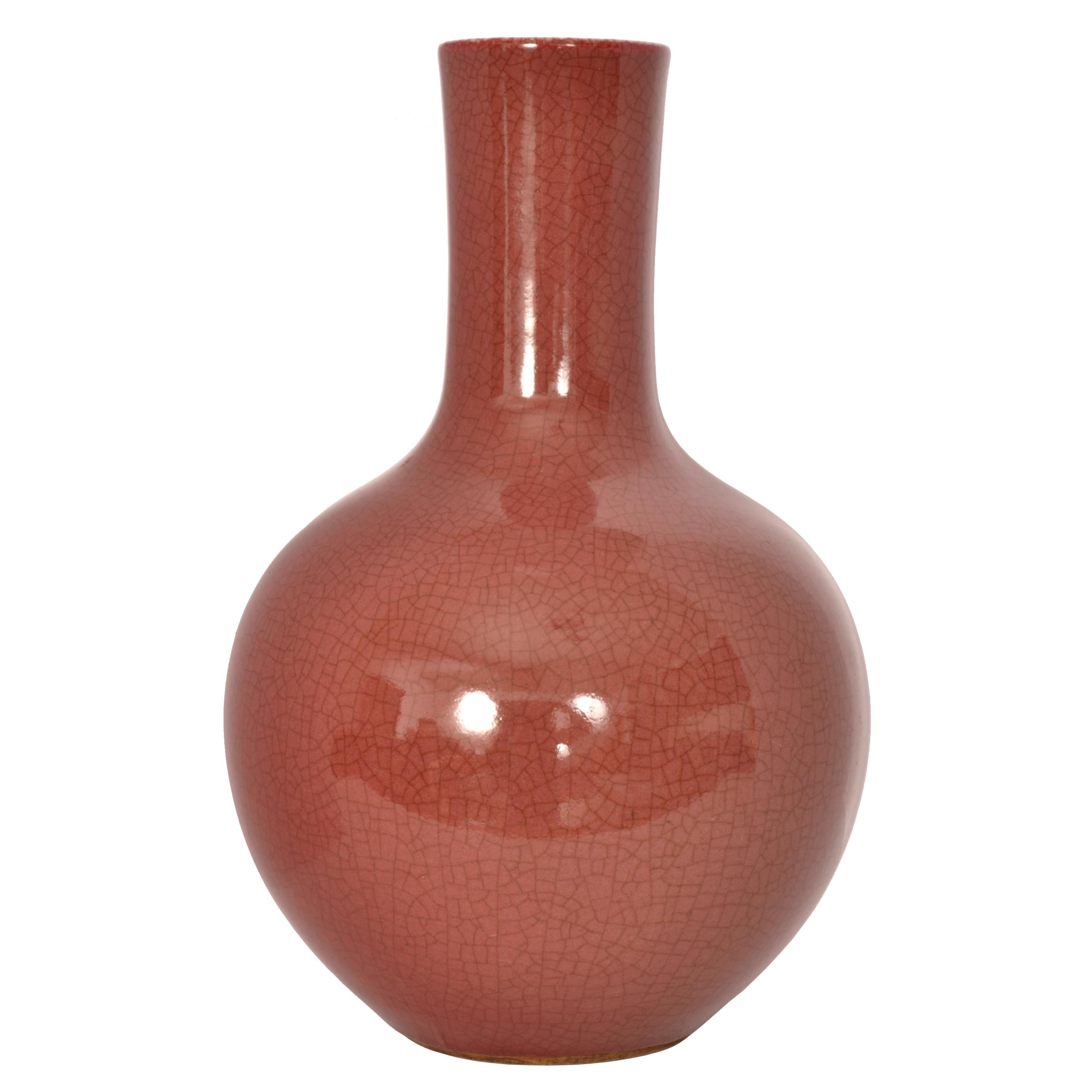 Glazed Antique Chinese 19th Century Qing Red Sang de Boeuf Oxblood Crackle Glaze Vase  For Sale