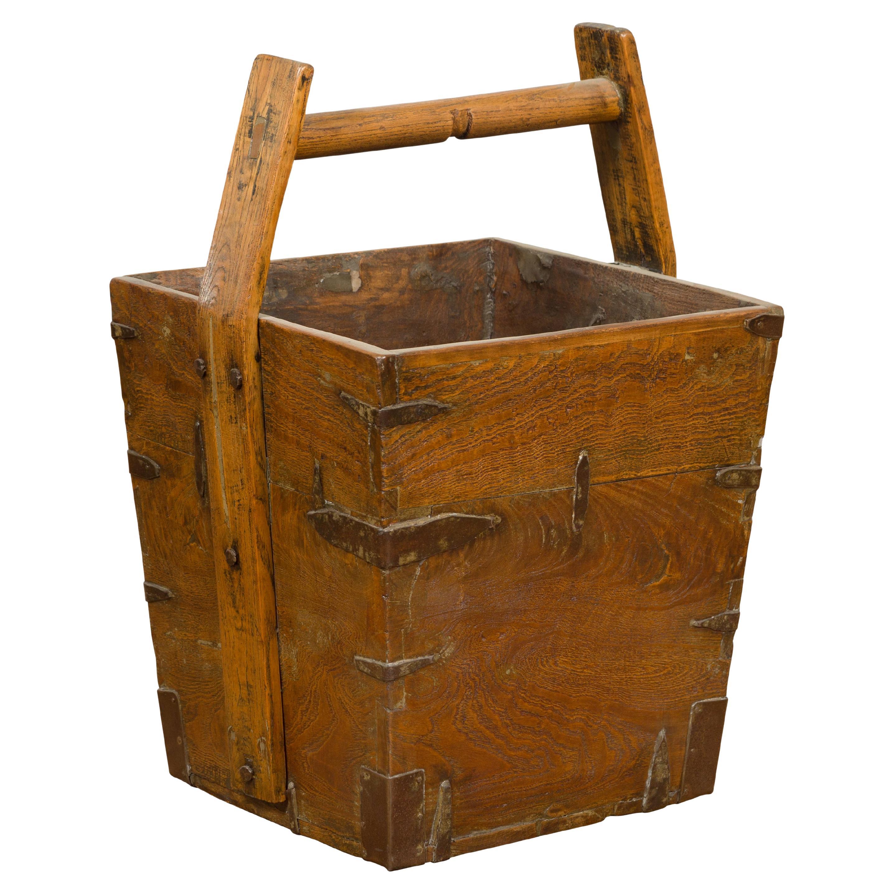 Antique Chinese 19th Century Wood and Metal Grain Basket with Carrying Handle For Sale