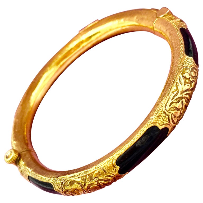 Antique Chinese 22 Karat Gold Black Coral Hinged Bangle Bracelet Engraved Flower at 1stDibs