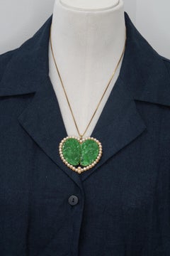 Antique Chinese 22K Gold Carved Jadeite Jade Natural Pearl Heart Pendant