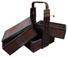 Antique Chinese 3 Tier Rosewood Rattan Stacking Wedding Box Dowry Basket