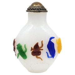 Antique Chinese 5 Color Glass Overlay Carved Snuff Bottle 8 Treasures 19c Qing