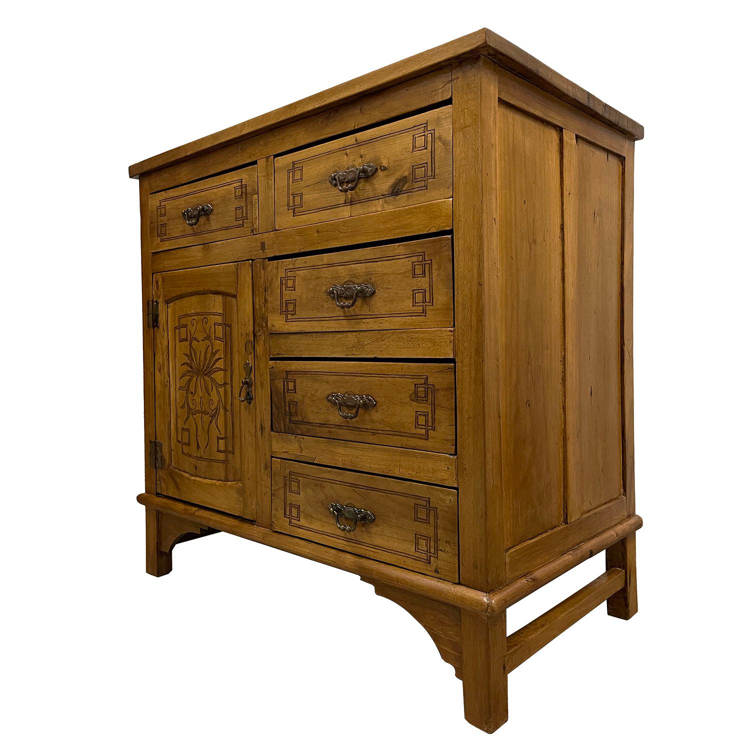 Size: 35 1/2in H x 37in W x 20 1/2in D
Drawer: Top: 4 1/4in H x 14in W x 17in D each
 Side: 4 1/4in H x 14 1/2in W x 17 1/2in D each
Origin China Circa: 1900 - 1940
Material: Nam Mao (Nam Mu) wood
Condition: Solid wood construction, finished on