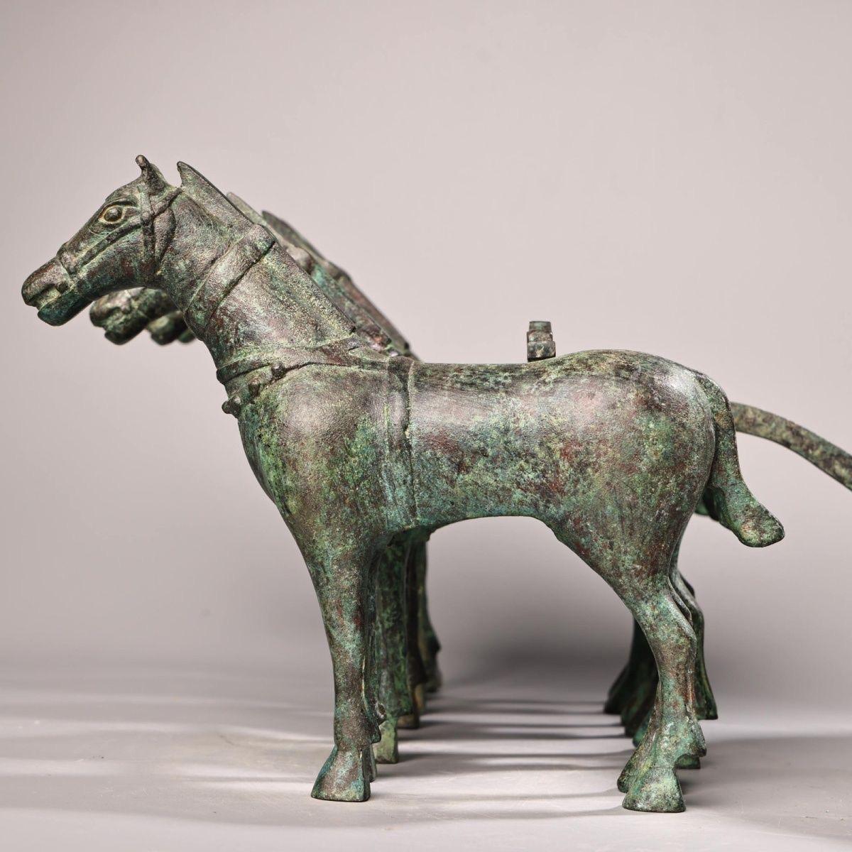 Vintage Chino 57cm Bronce Cuatro Caballos Carro Tirado de la Antigua China en venta 6