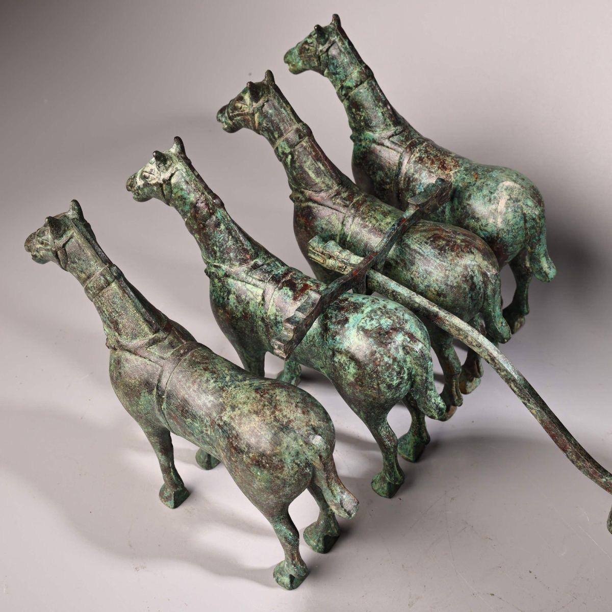 Vintage Chino 57cm Bronce Cuatro Caballos Carro Tirado de la Antigua China en venta 1