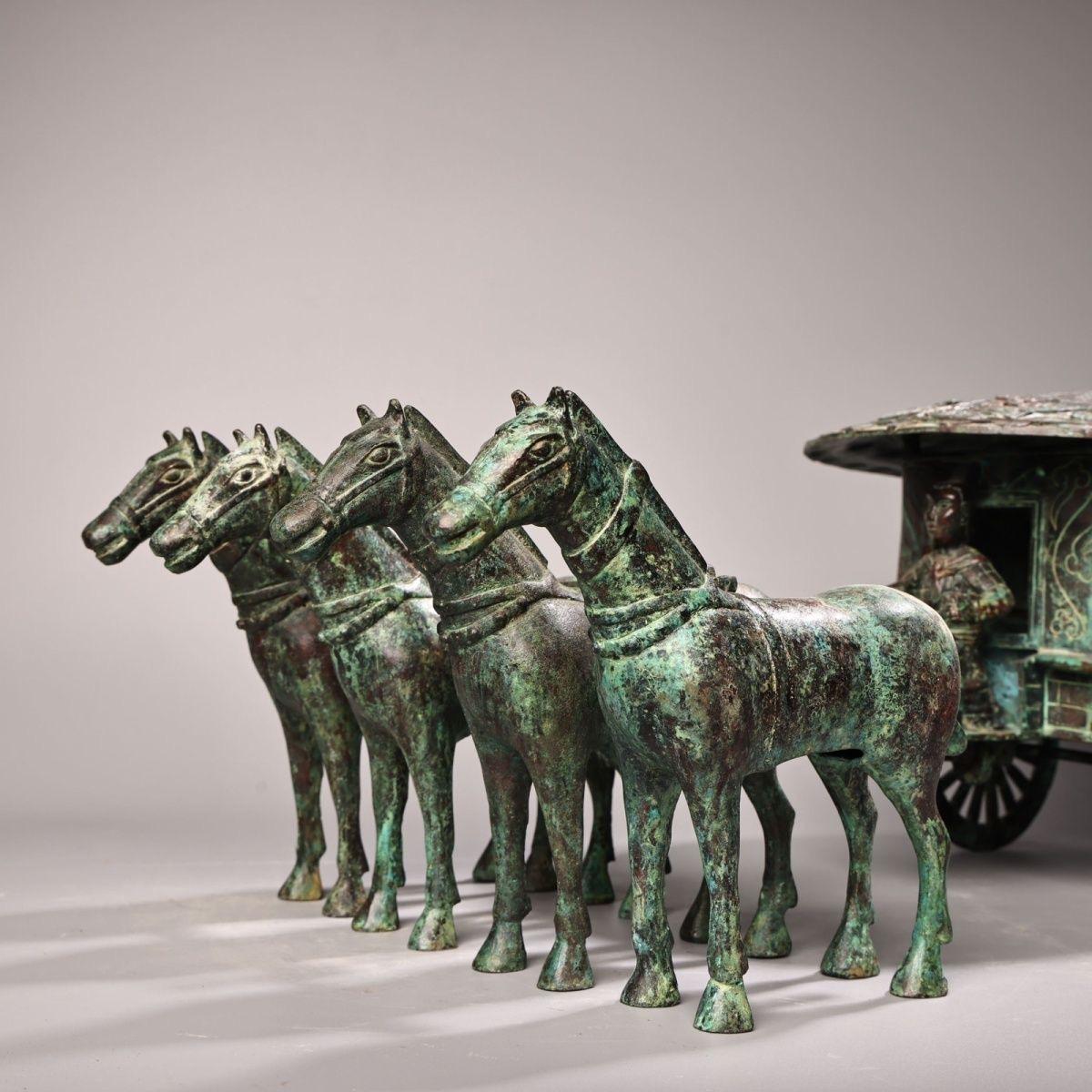 Vintage Chino 57cm Bronce Cuatro Caballos Carro Tirado de la Antigua China en venta 3