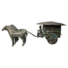 Vintage Chinese 57cm Bronze Four Horses Drawn Cart from Ancient China