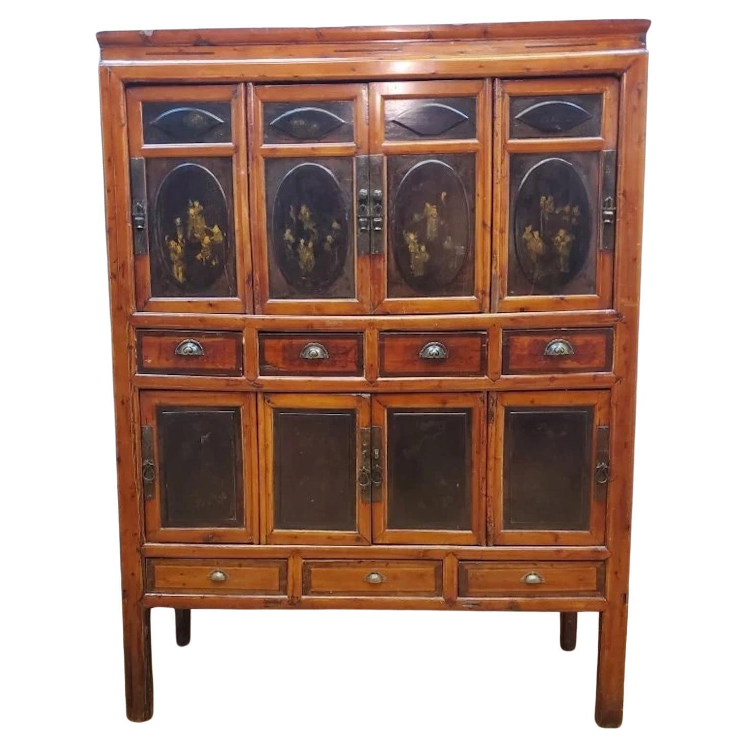 Antique Chinese 8 Door Cabinet with Painted and Gilded Designs