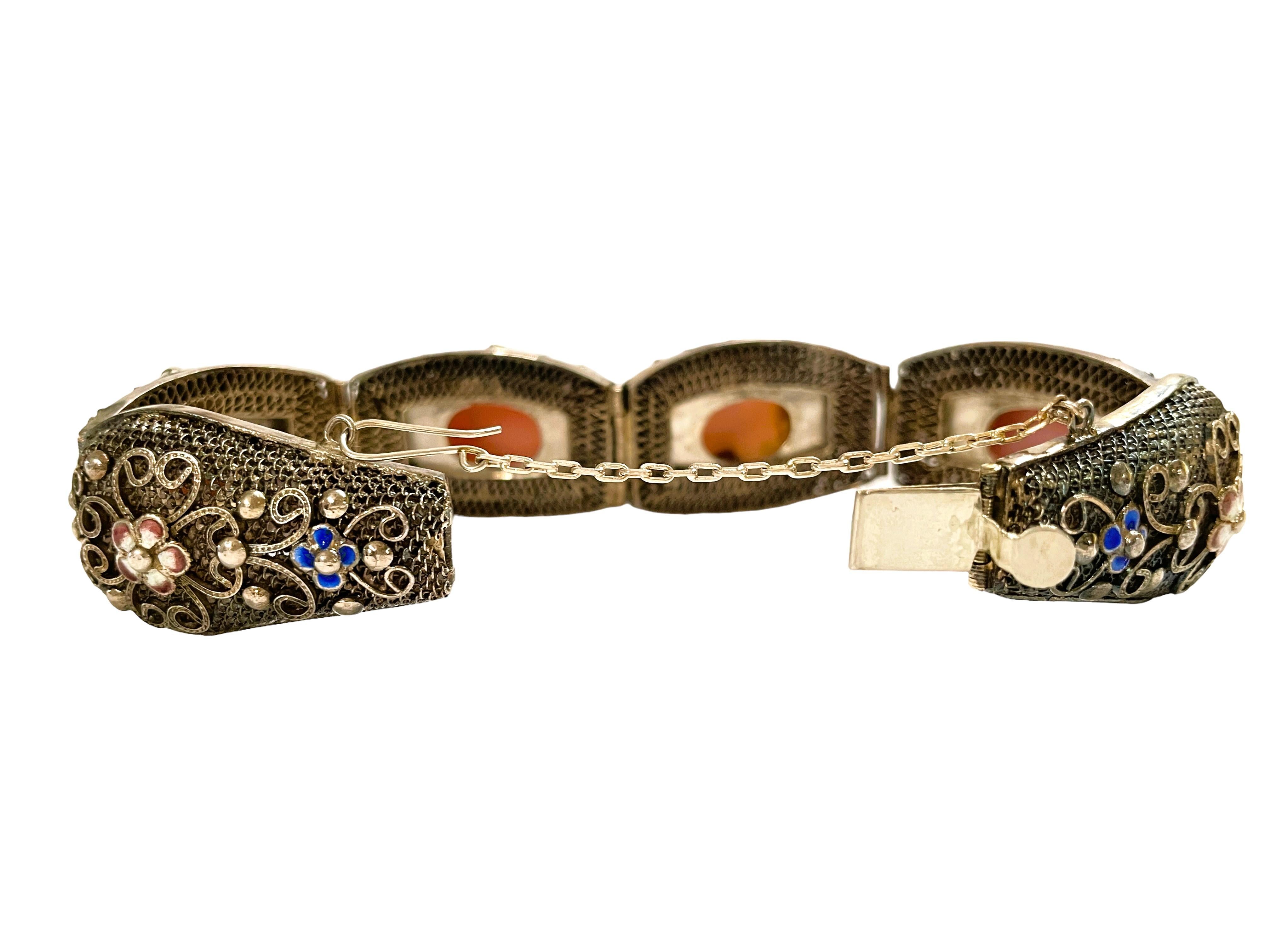 Artisan Antique Chinese 925 Sterling Silver Cloisonne Rose Quartz Bracelet