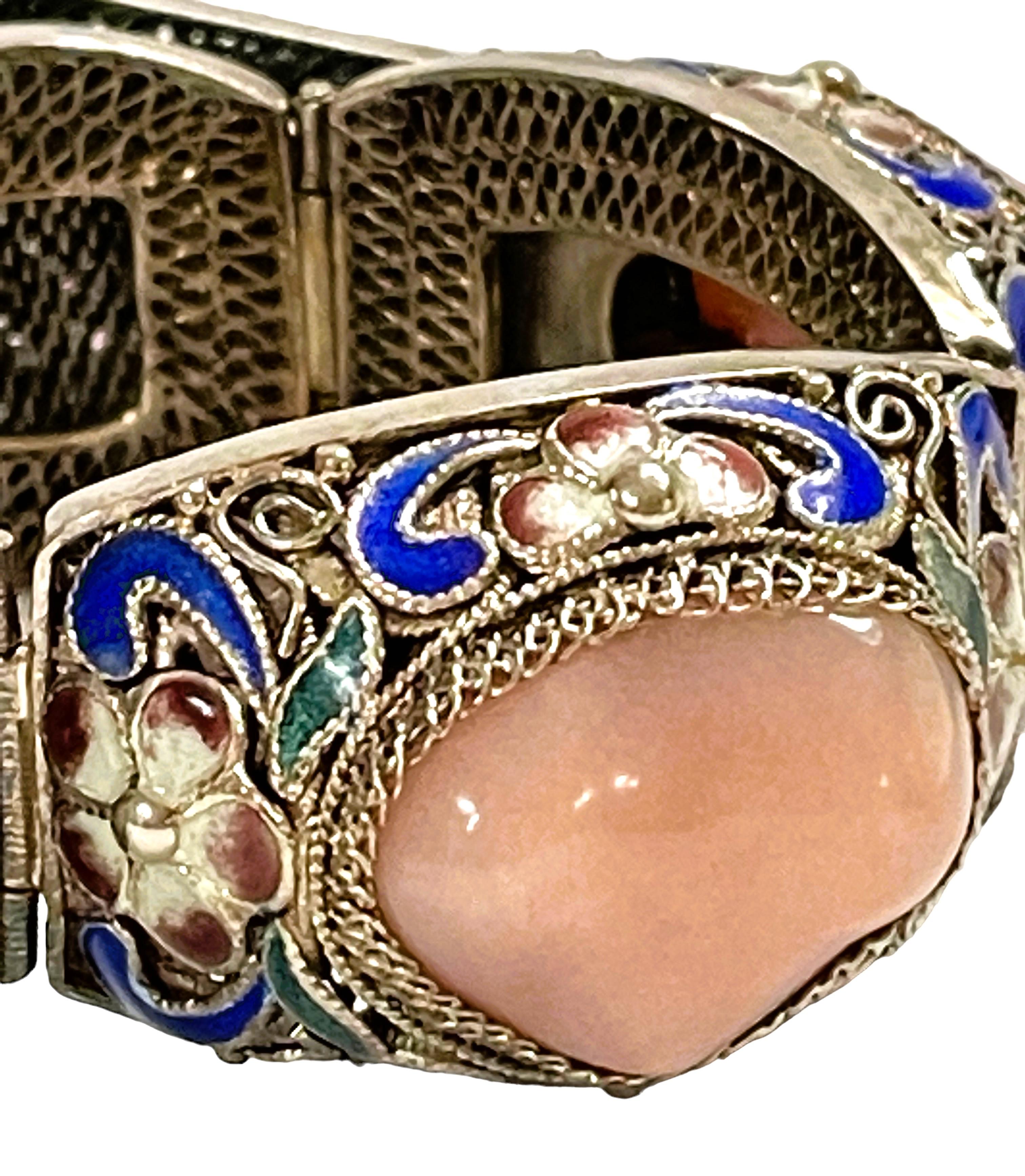 Antique Chinese 925 Sterling Silver Cloisonne Rose Quartz Bracelet In Excellent Condition In Eagan, MN