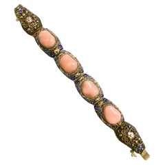 Bracelet chinois ancien en argent sterling 925 avec cloisonné et quartz rose