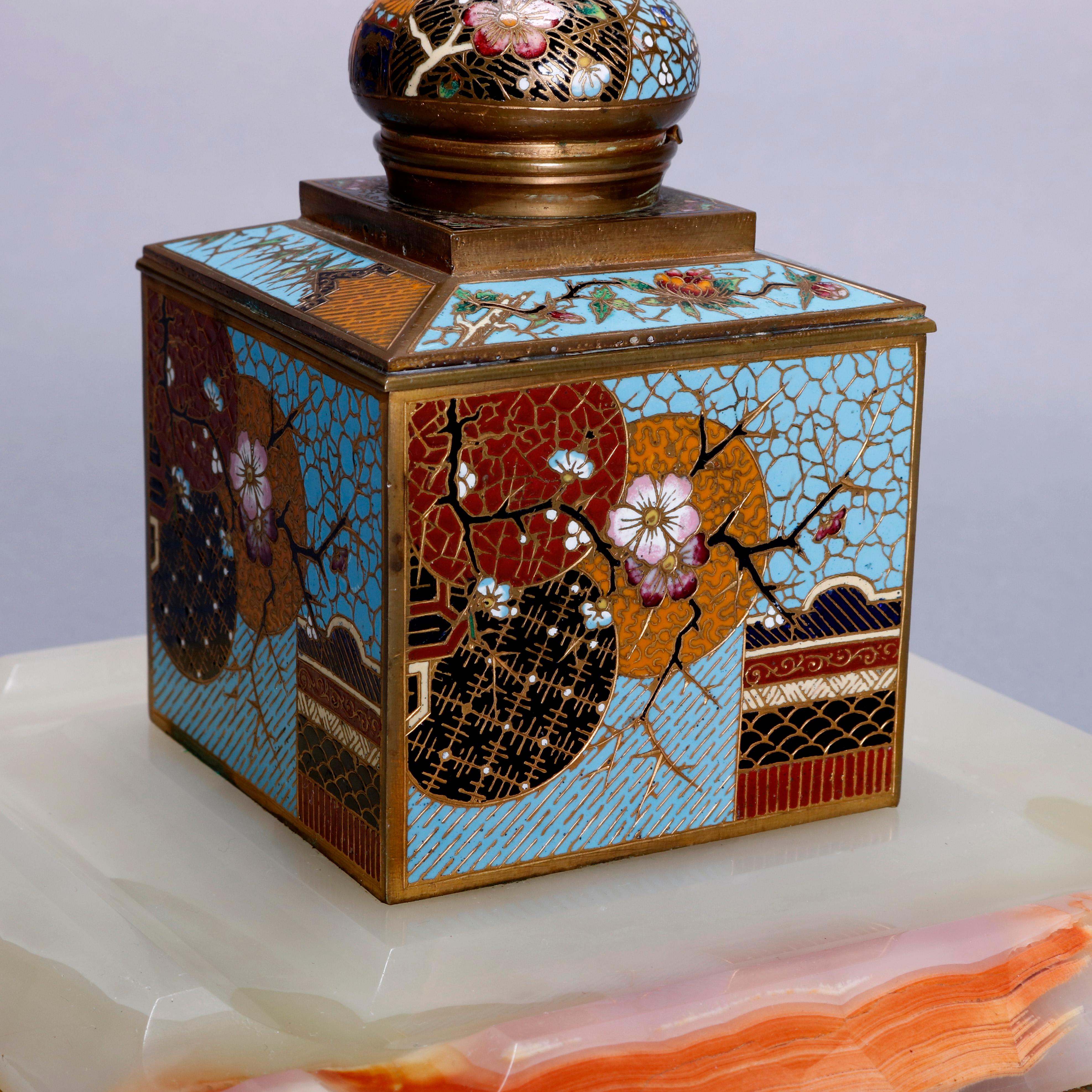 An antique Chinese Aesthetic Movement inkwell offers cube form with spherical hinged lid having Cloisonne enameled geometric and floral decoration, seated on beveled onyx base, circa 1870

***DELIVERY NOTICE – Due to COVID-19 we are employing