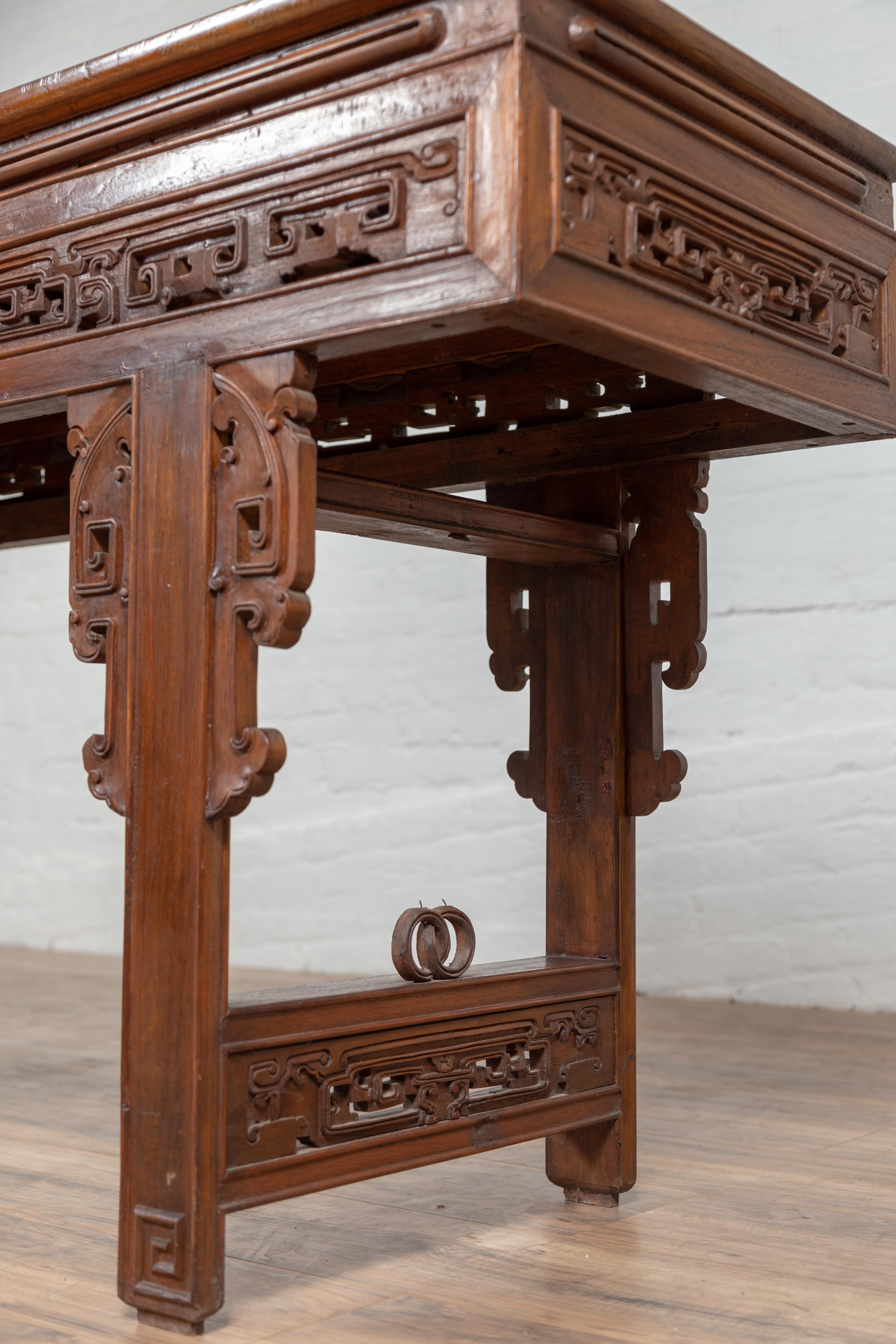 Antique Chinese Altar Console Table with Overhang Top and Open Fretwork Scrolls For Sale 4