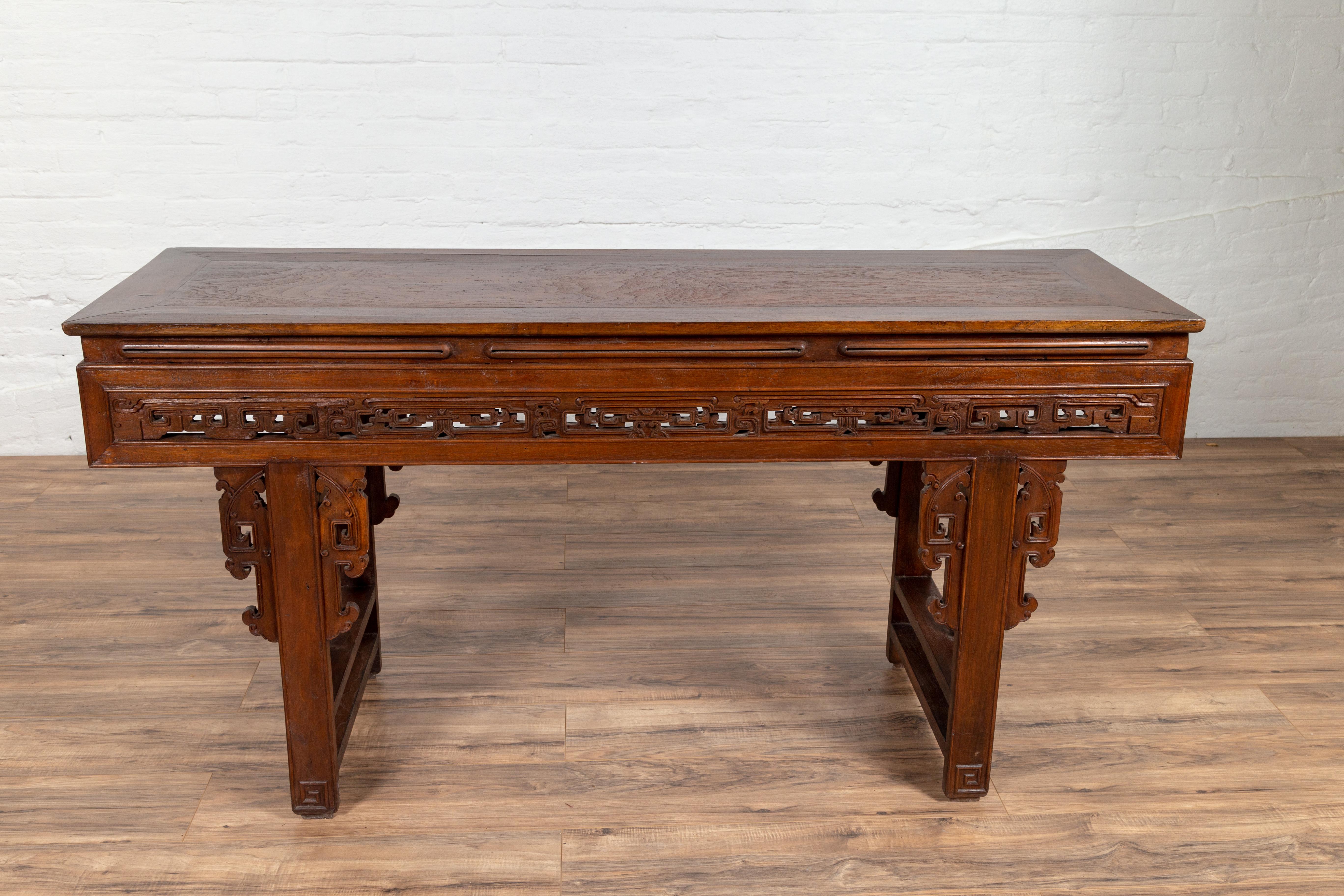 Antique Chinese Altar Console Table with Overhang Top and Open Fretwork Scrolls For Sale 5