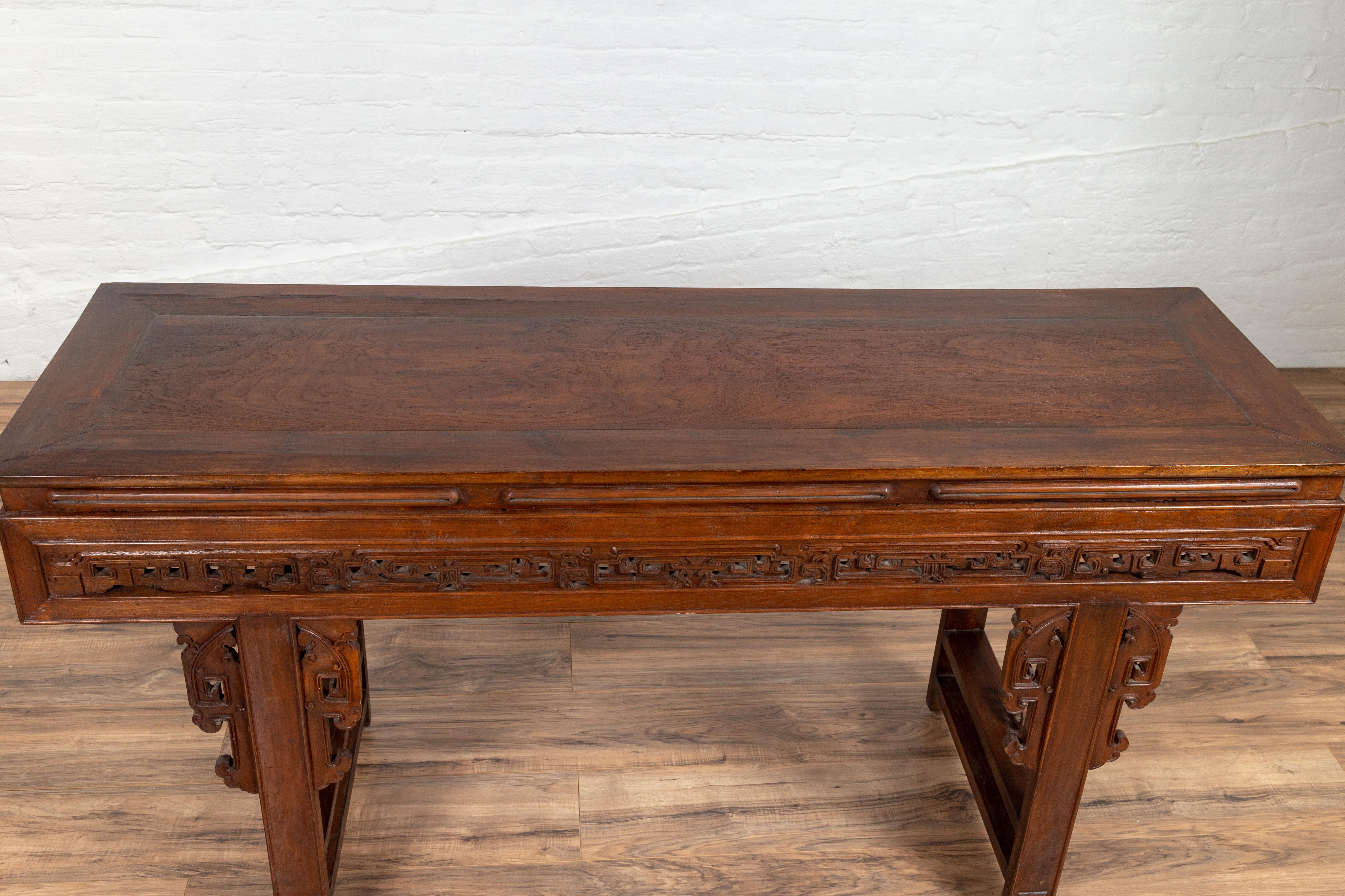 Antique Chinese Altar Console Table with Overhang Top and Open Fretwork Scrolls For Sale 6