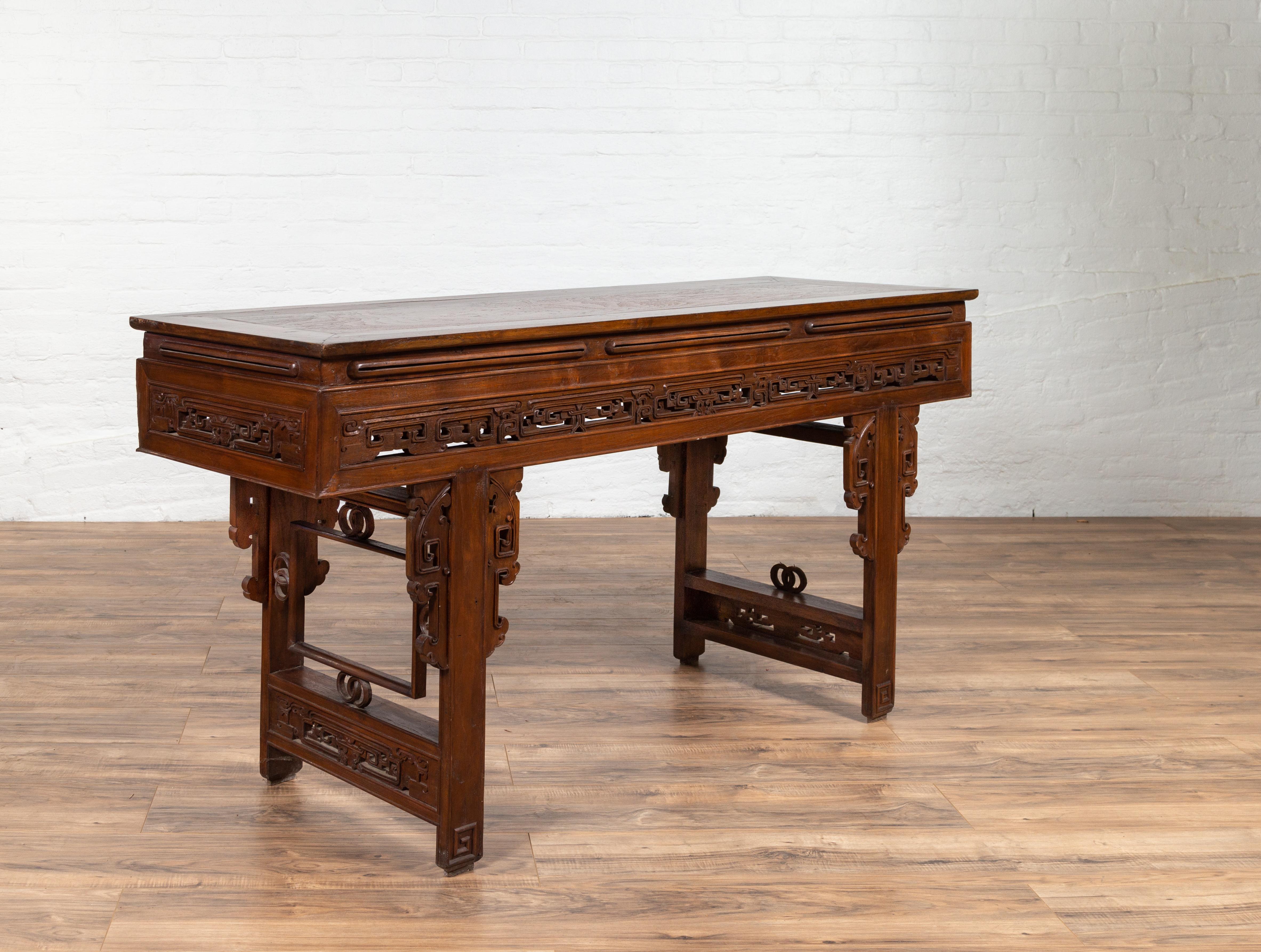 Antique Chinese Altar Console Table with Overhang Top and Open Fretwork Scrolls For Sale 7