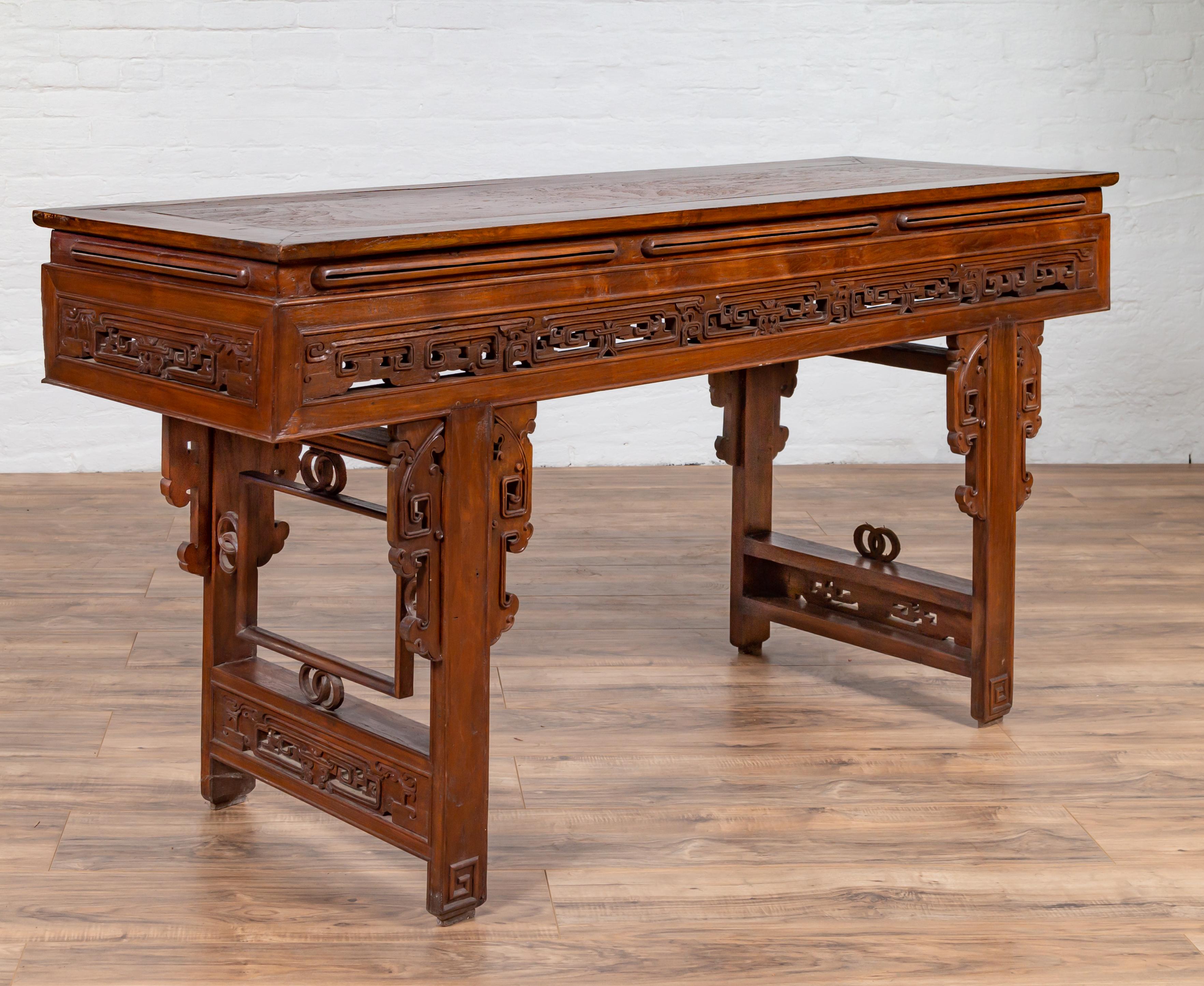 Antique Chinese Altar Console Table with Overhang Top and Open Fretwork Scrolls For Sale 8