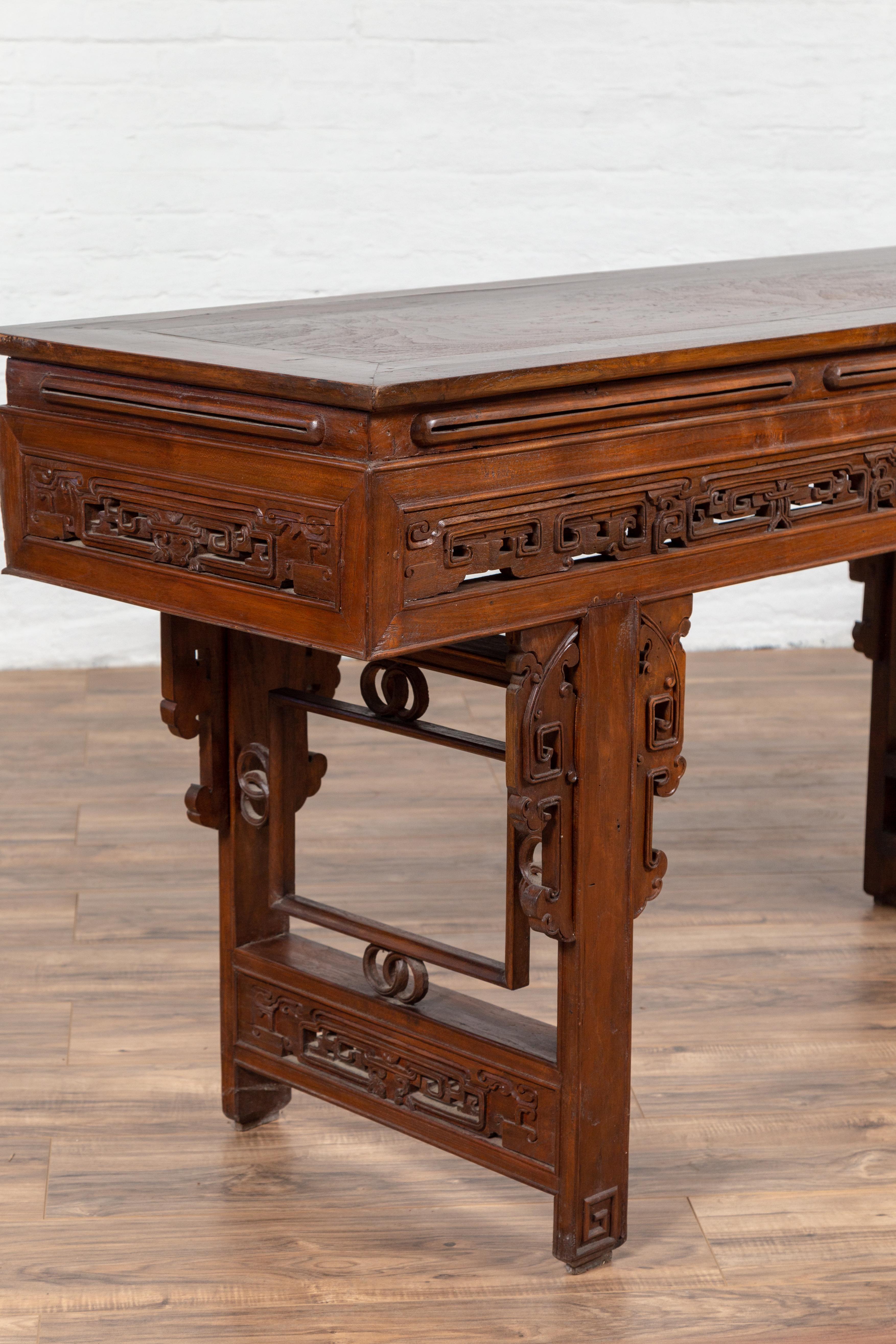 Antique Chinese Altar Console Table with Overhang Top and Open Fretwork Scrolls For Sale 9