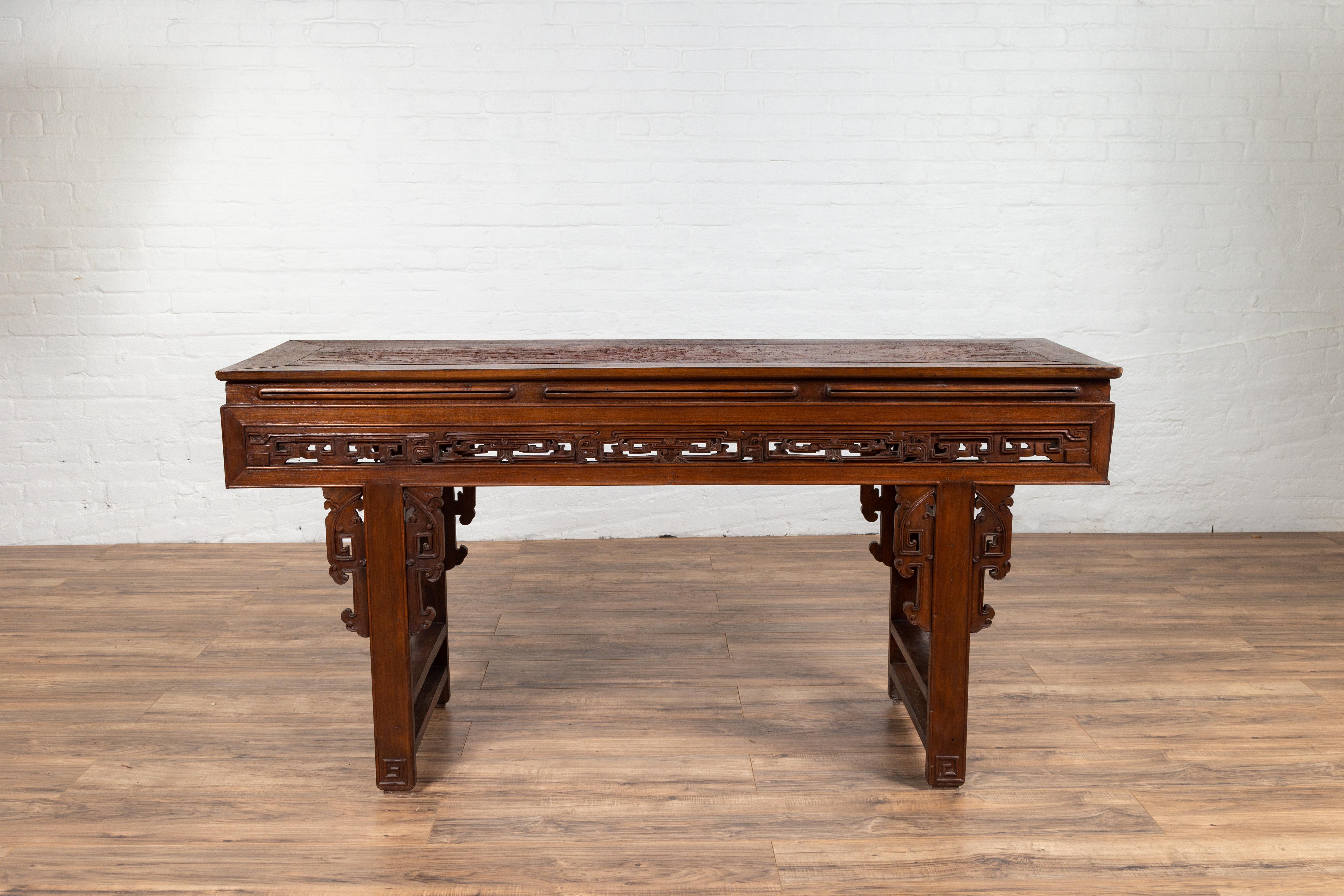 Antique Chinese Altar Console Table with Overhang Top and Open Fretwork Scrolls For Sale 10