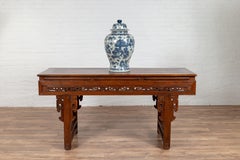 Antique Chinese Altar Console Table with Overhang Top and Open Fretwork Scrolls