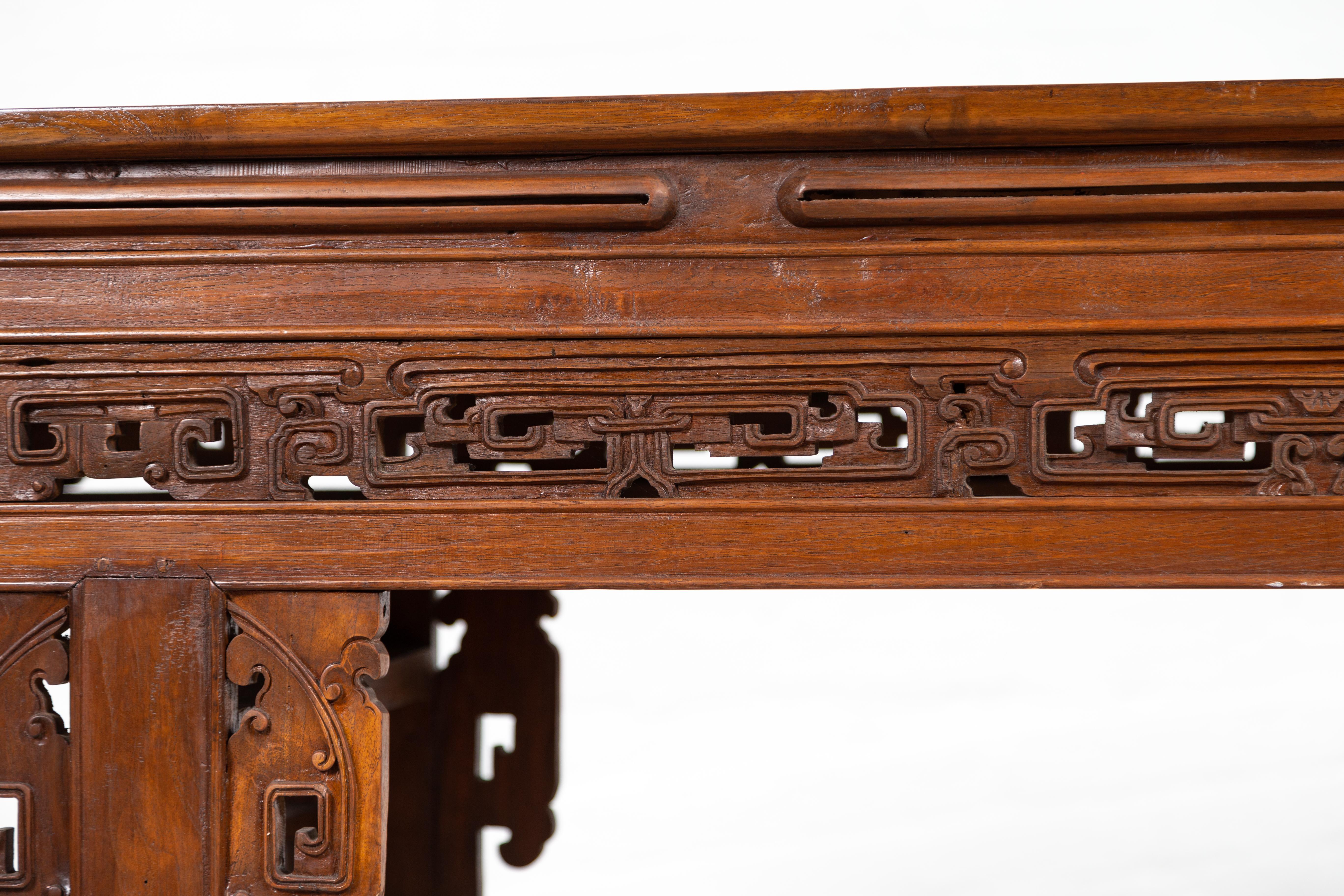 Wood Antique Chinese Altar Console Table with Overhang Top and Open Fretwork Scrolls For Sale