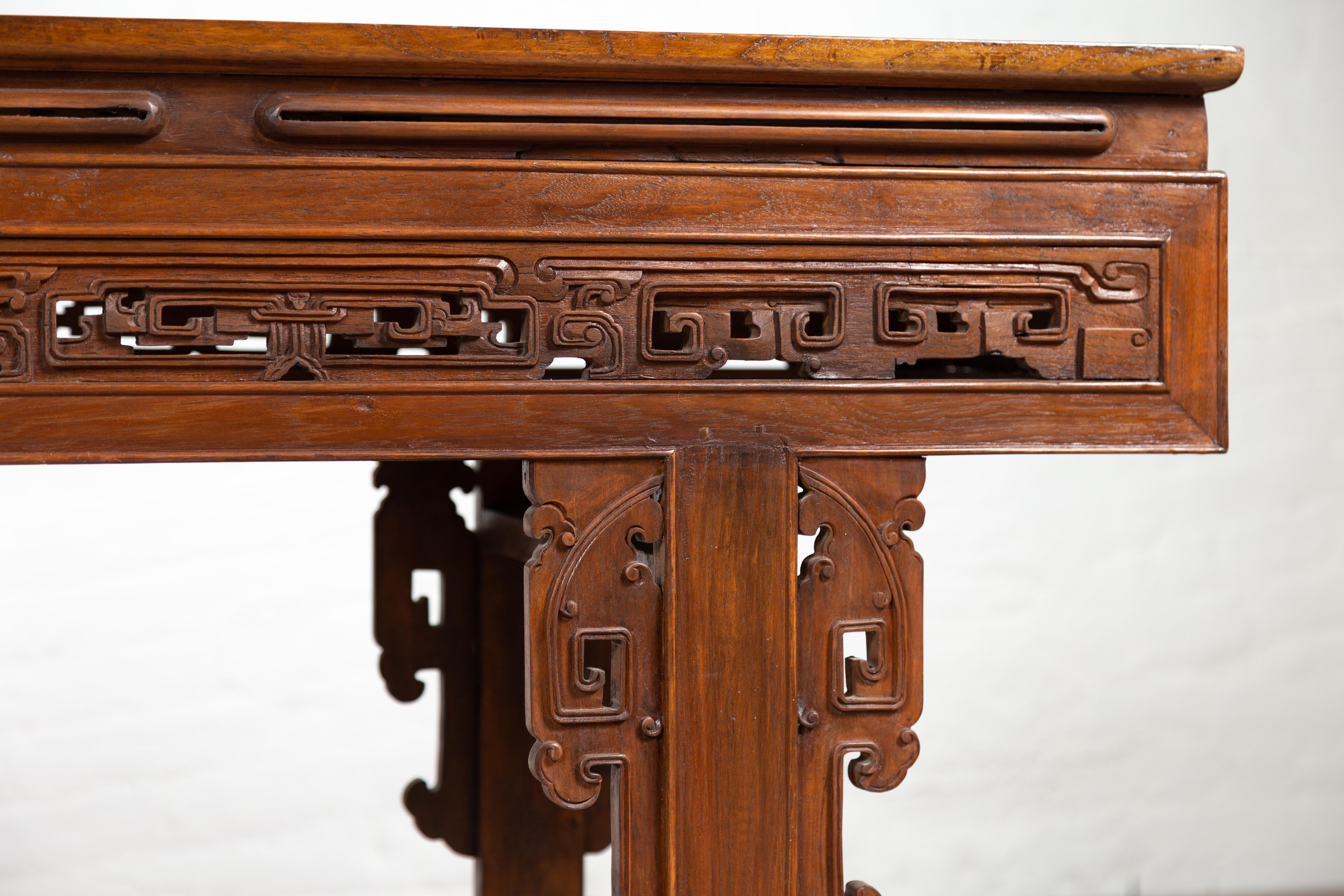 Antique Chinese Altar Console Table with Overhang Top and Open Fretwork Scrolls For Sale 2