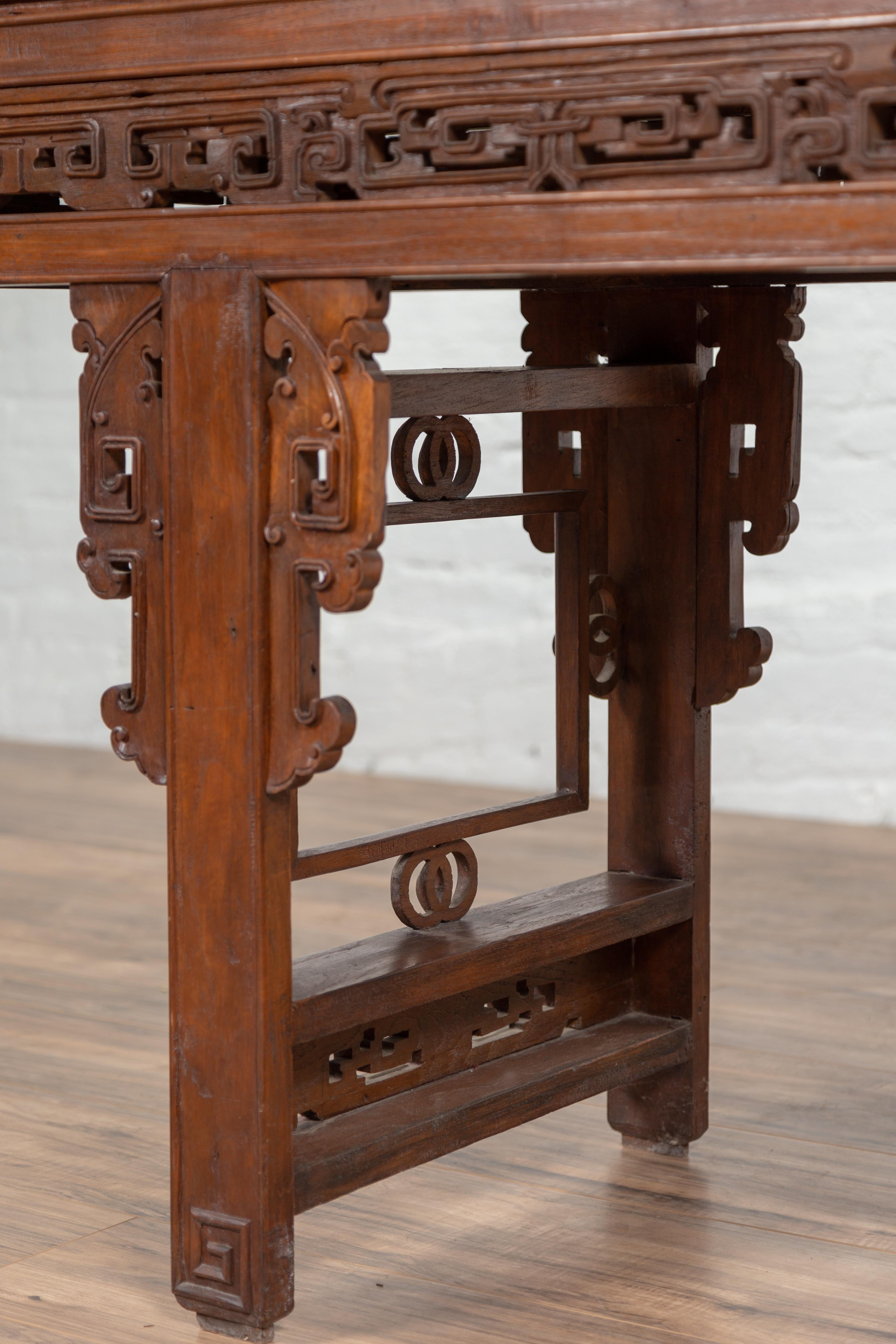 Antique Chinese Altar Console Table with Overhang Top and Open Fretwork Scrolls For Sale 3