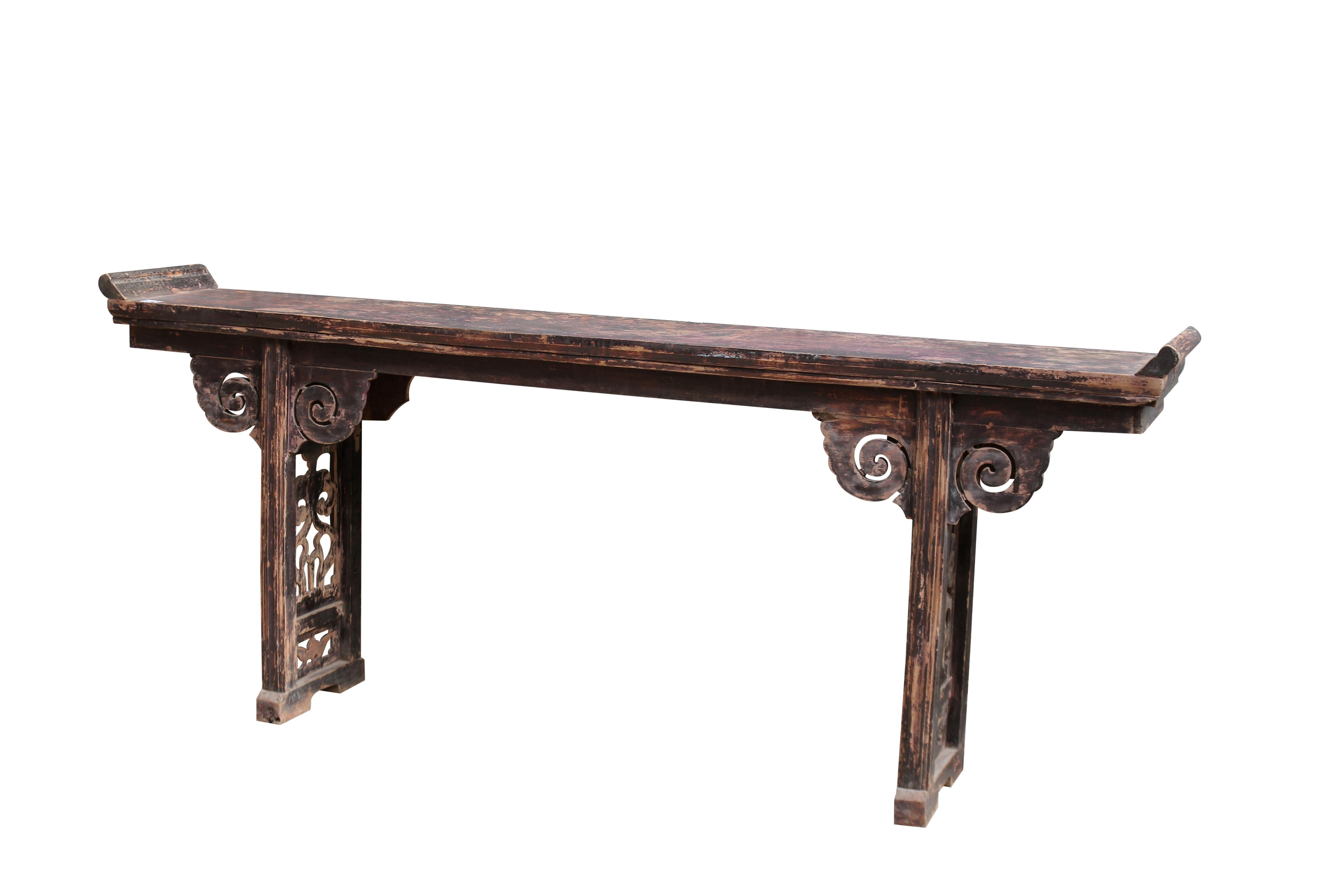 Hand-Carved Antique Chinese Altar with Carved Bat Panel Legs For Sale