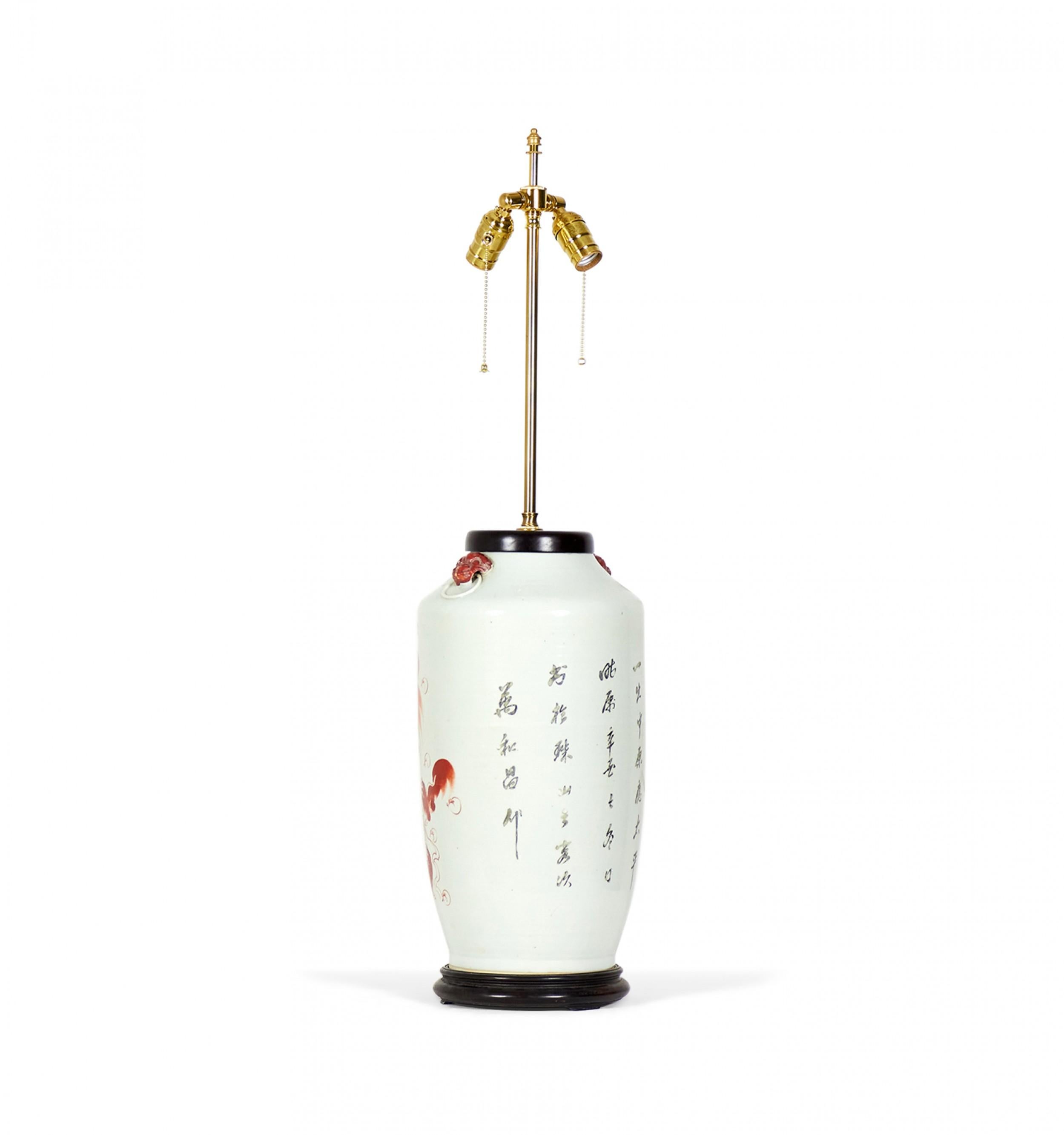 Chinese Export Antique Chinese Alum Red Taishi Shaoshi Design Porcelain Vase Table Lamp For Sale