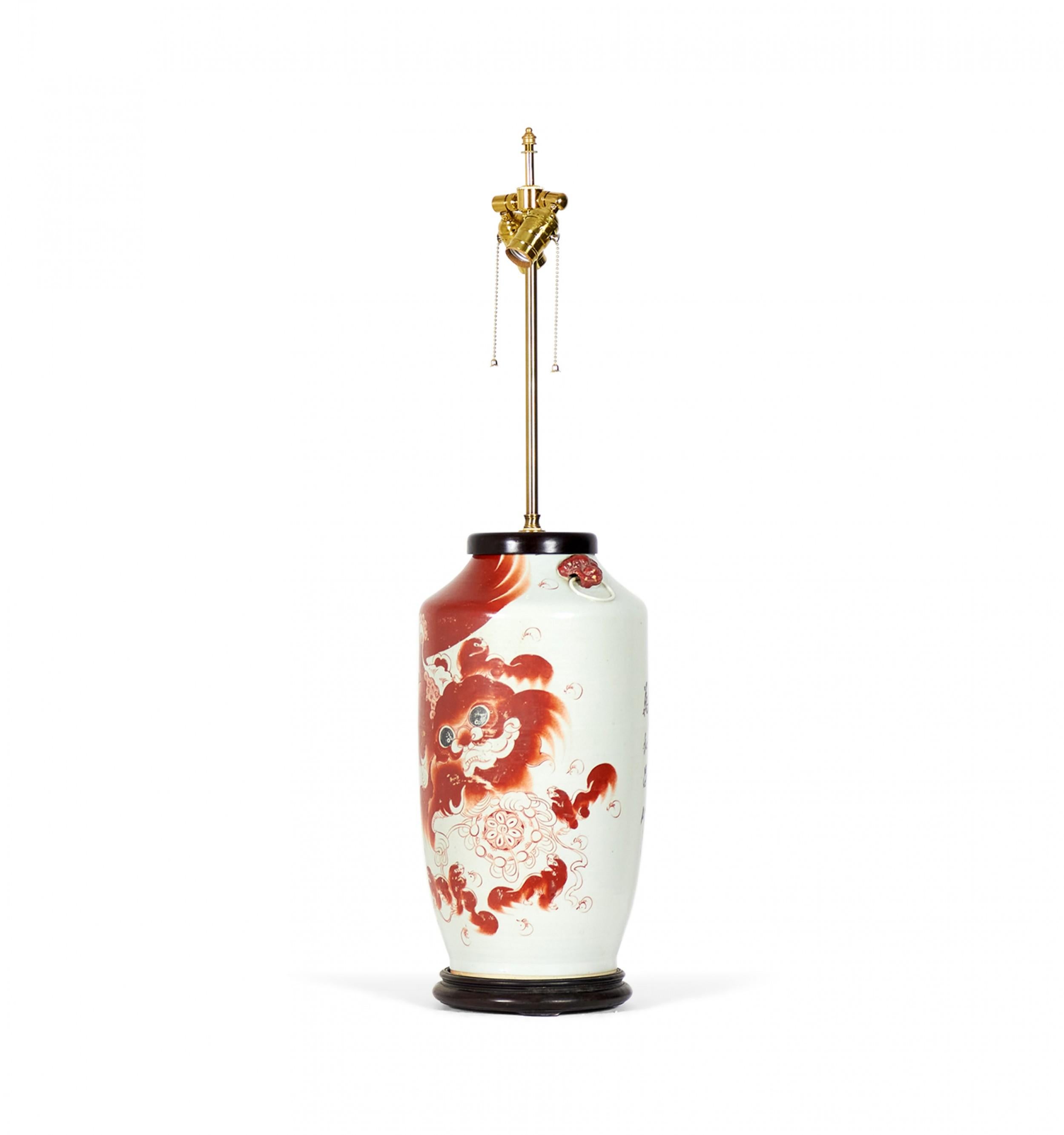 19th Century Antique Chinese Alum Red Taishi Shaoshi Design Porcelain Vase Table Lamp For Sale