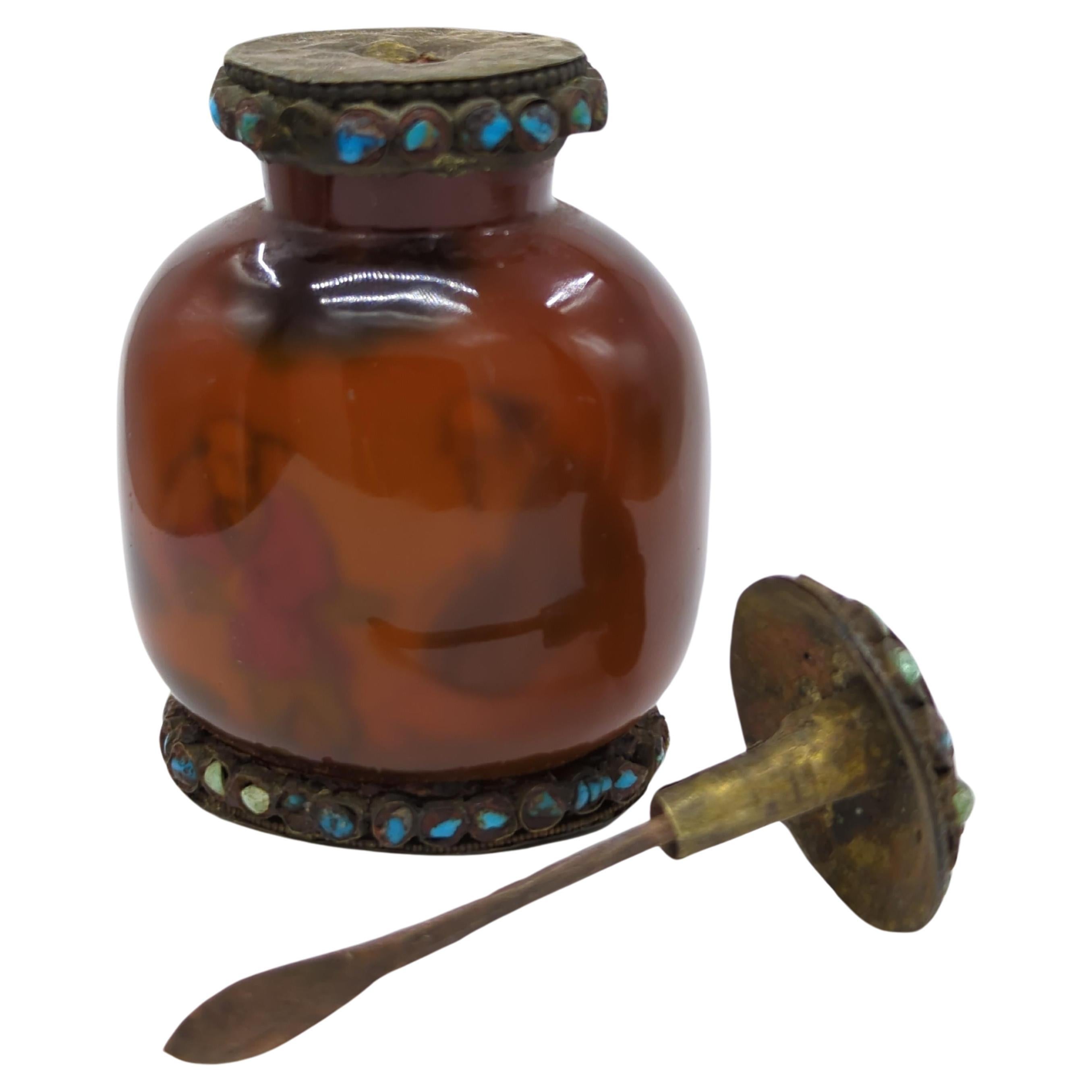Antique Chinese Amber Glass Inside Painted Mounted Snuff Bottle Qing Late 19c In Good Condition For Sale In Richmond, CA