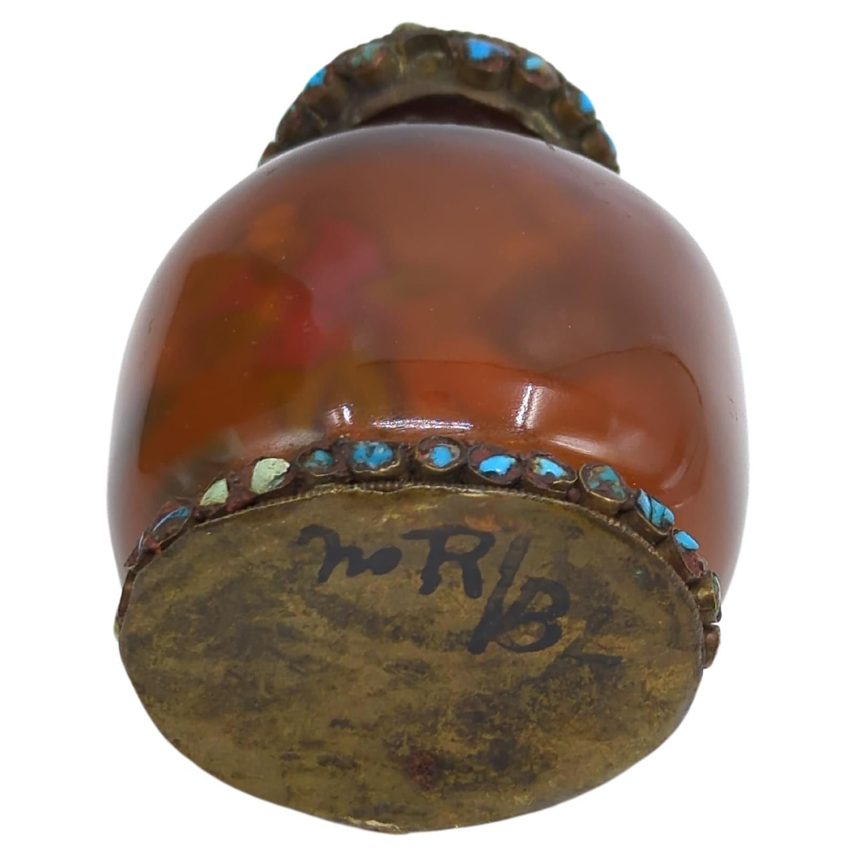 Antique Chinese Amber Glass Inside Painted Mounted Snuff Bottle Qing Late 19c For Sale 2