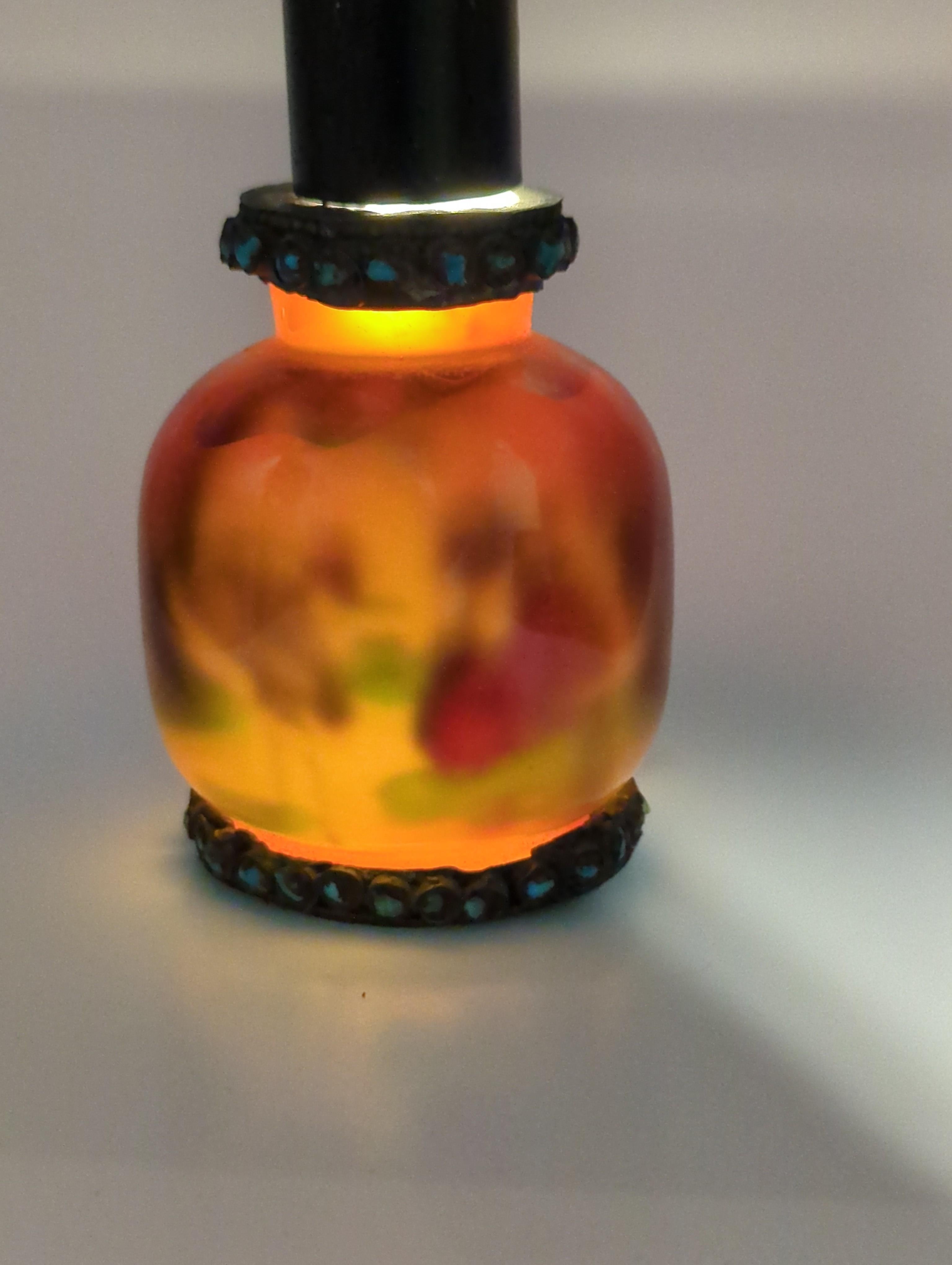 Antique Chinese Amber Glass Inside Painted Mounted Snuff Bottle Qing Late 19c For Sale 4