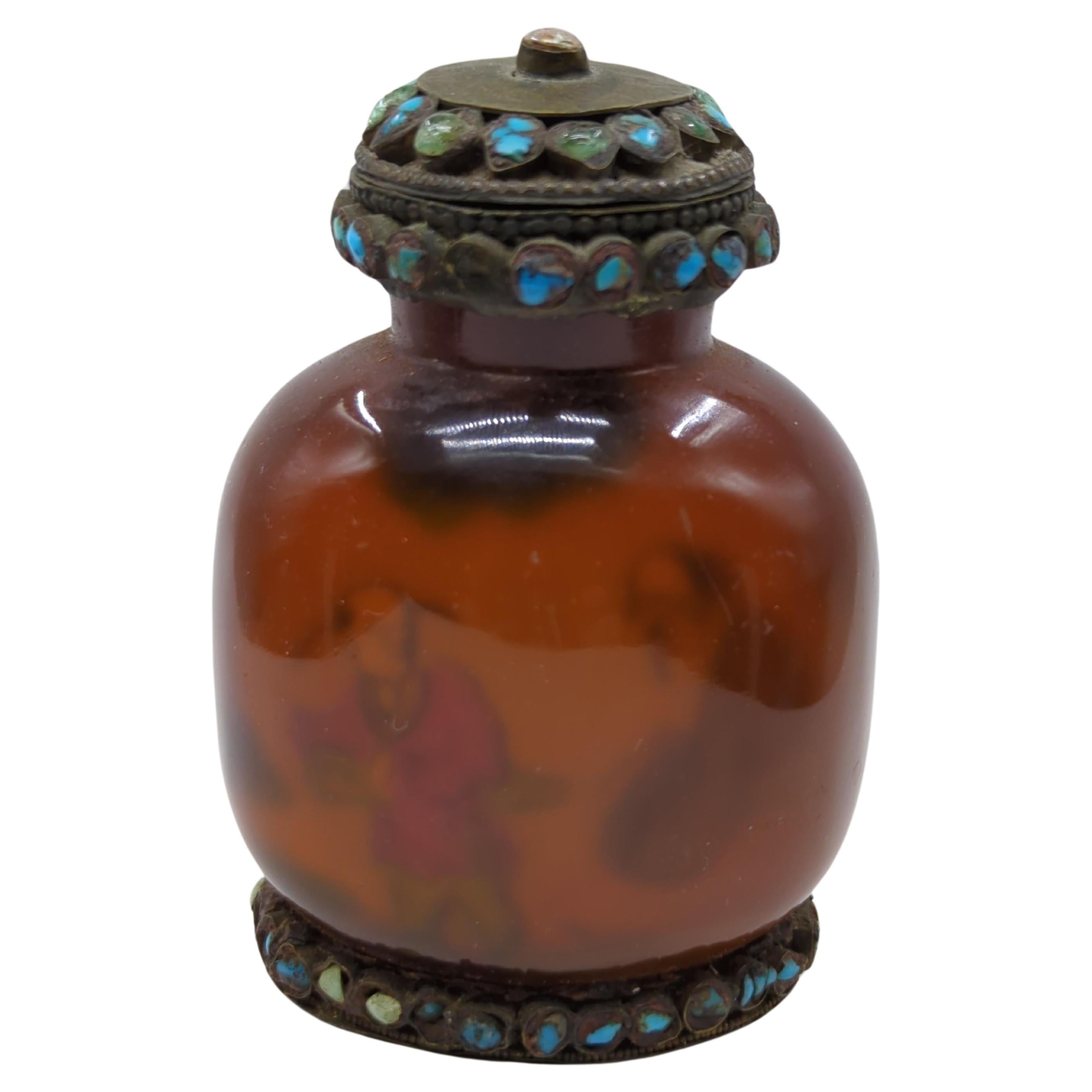 Antique Chinese Amber Glass Inside Painted Mounted Snuff Bottle Qing Late 19c For Sale